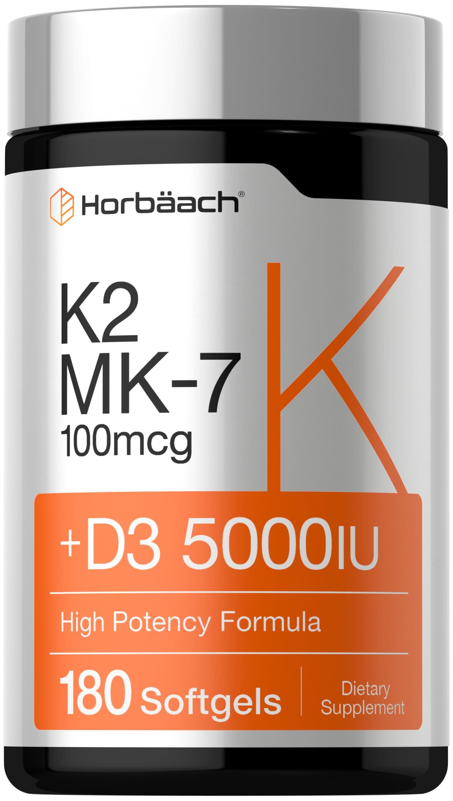 Vitamin D3 K2 5000 iu | 100mcg MK-7 Complex | 180 Softgel Capsules | Non-GMO & Gluten Free Supplement
