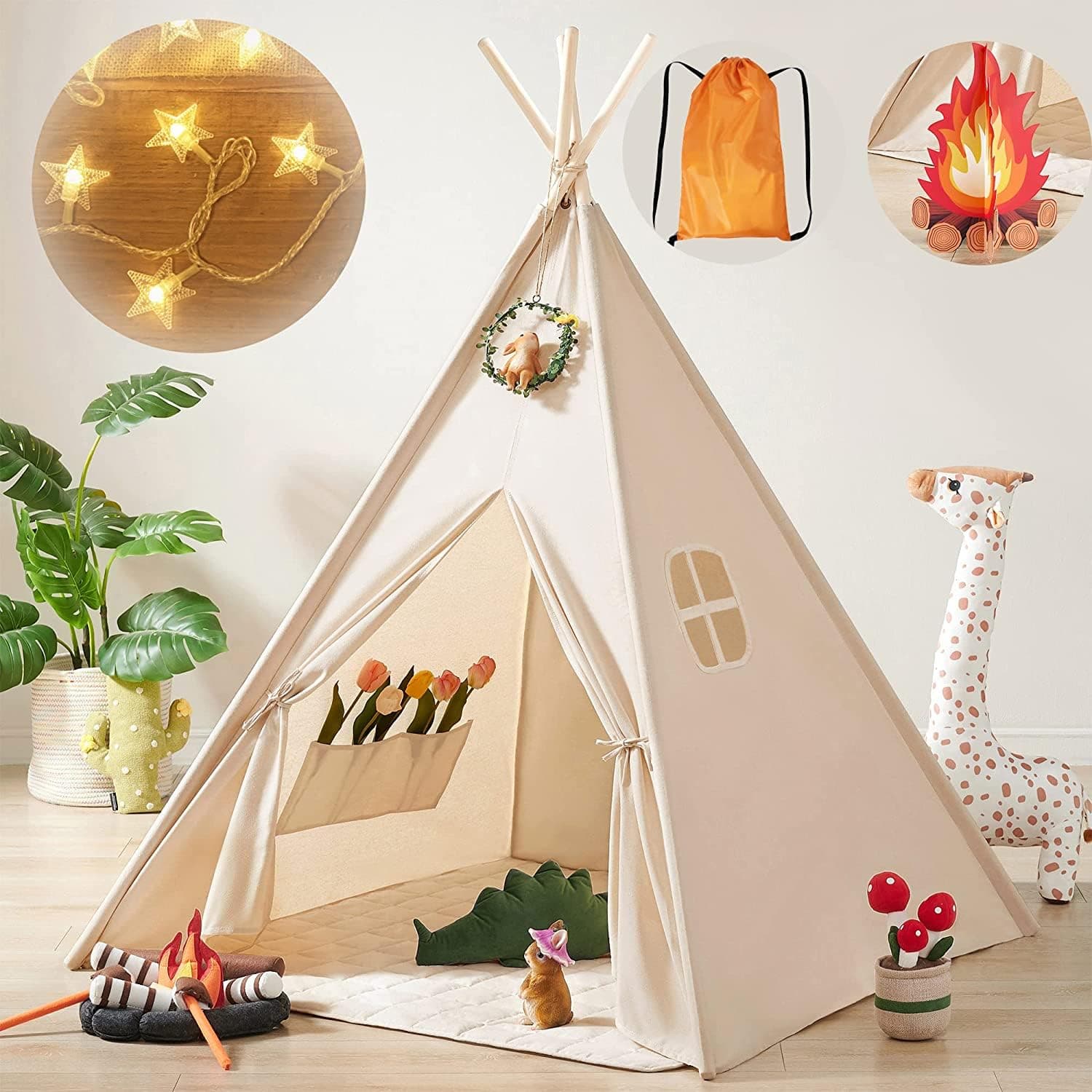 Teepee Tent for Kids with Star Lights, Foldable Play Tent for Girls & Boys, Washable Indoor Toddler Tent, Cozy Warm Reading Nook & Room Decor