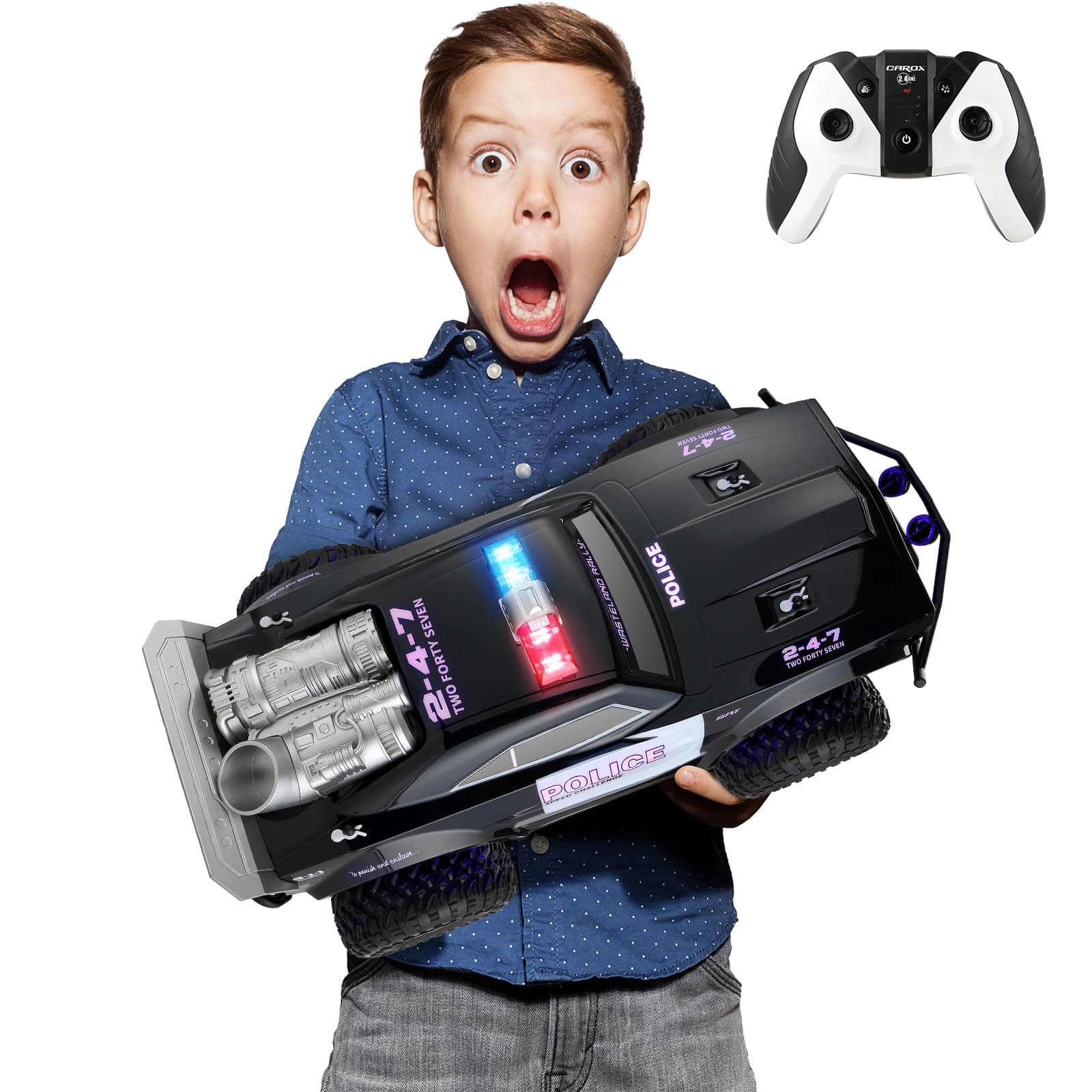 Carox Large Remote Control Police Car Toy with Lights and Sirens for Boys 1:8 Cop Car with Three Rechargeable Battery Durable RC Police Truck for Kids 4 Years and Up A Surprising