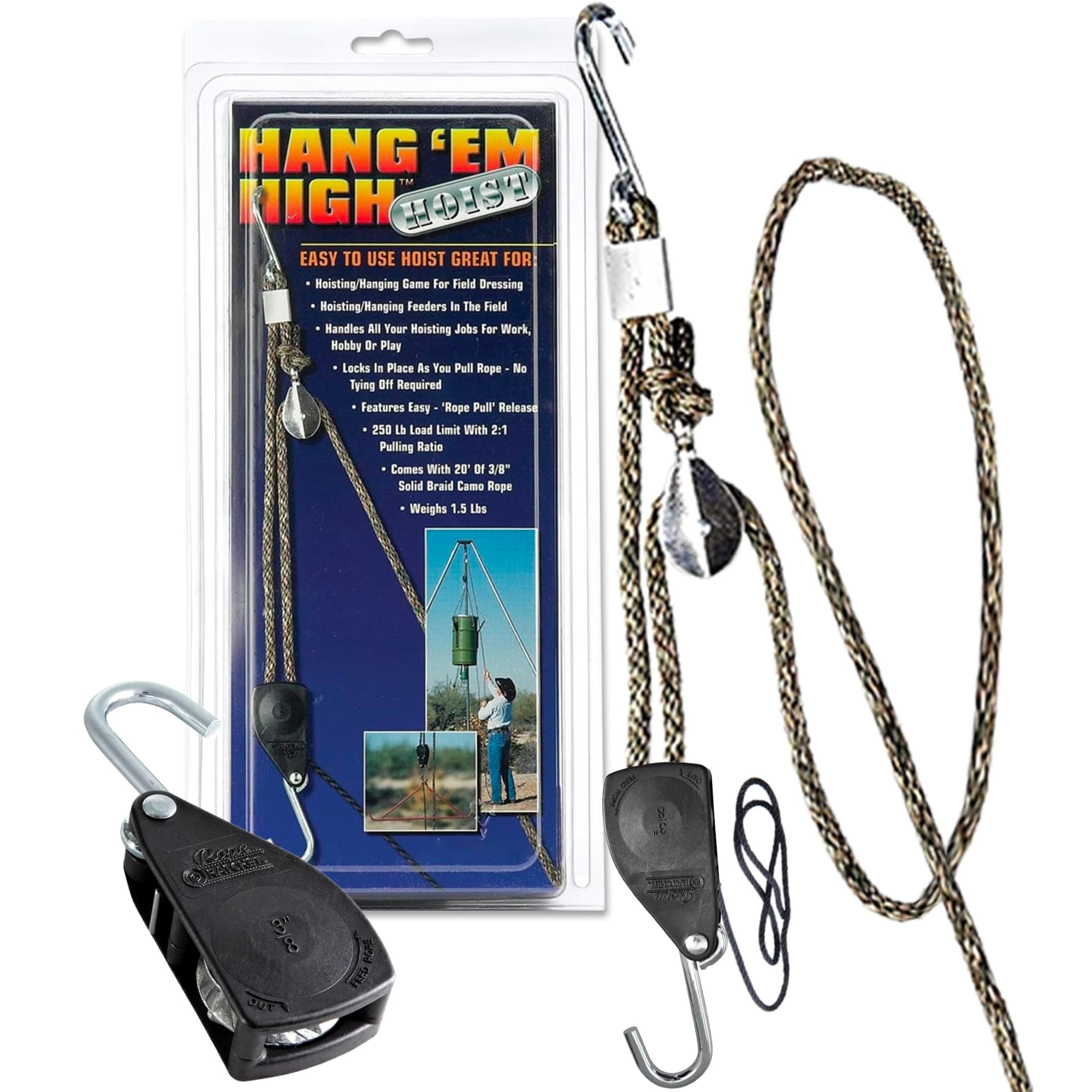 Rope Ratchet 3/8" 20' Solid Braided Rope Block and Tackle, Heavy Duty Pulley System Hoist for Lifting, Hanging Feeders, Garage Storage, Attic Lifts, Securing Loads, Tree Support, 250 lbs Capacity