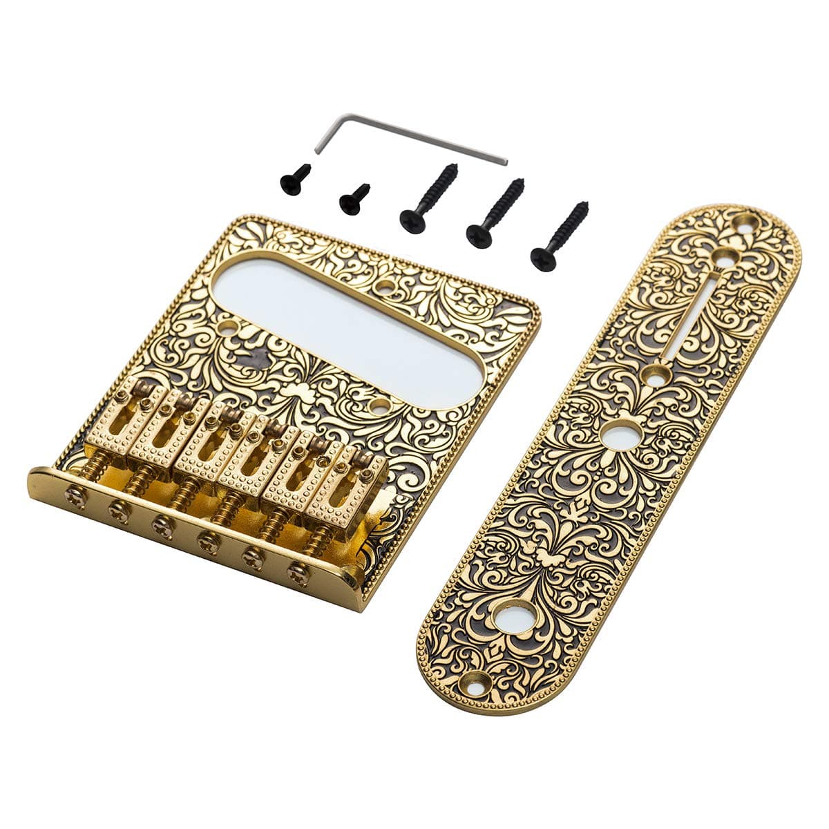 WANBY Professional Vintage Style 6 String Saddle Bridge Plate Beautiful Decorative Pattern for Tele Electric Guitar Replacement Parts(Gold)