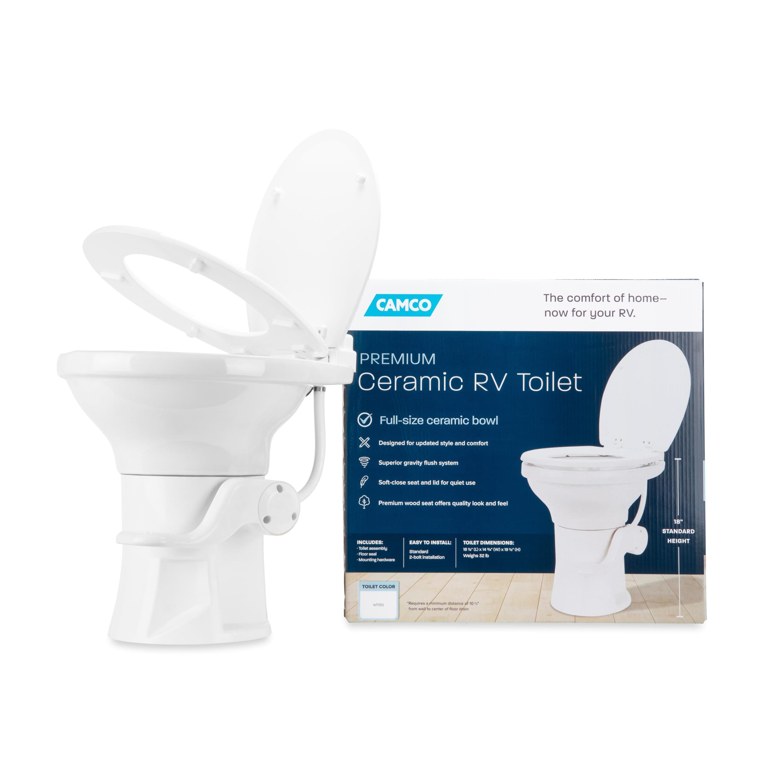 Premium Ceramic Camper/RV Toilet - Features Gravity Flush System with Convenient Foot Pedal & Full-Sized Ergonomic Design with 18" Chair Height - Soft-Close Wood Seat & Lid - White (41710)