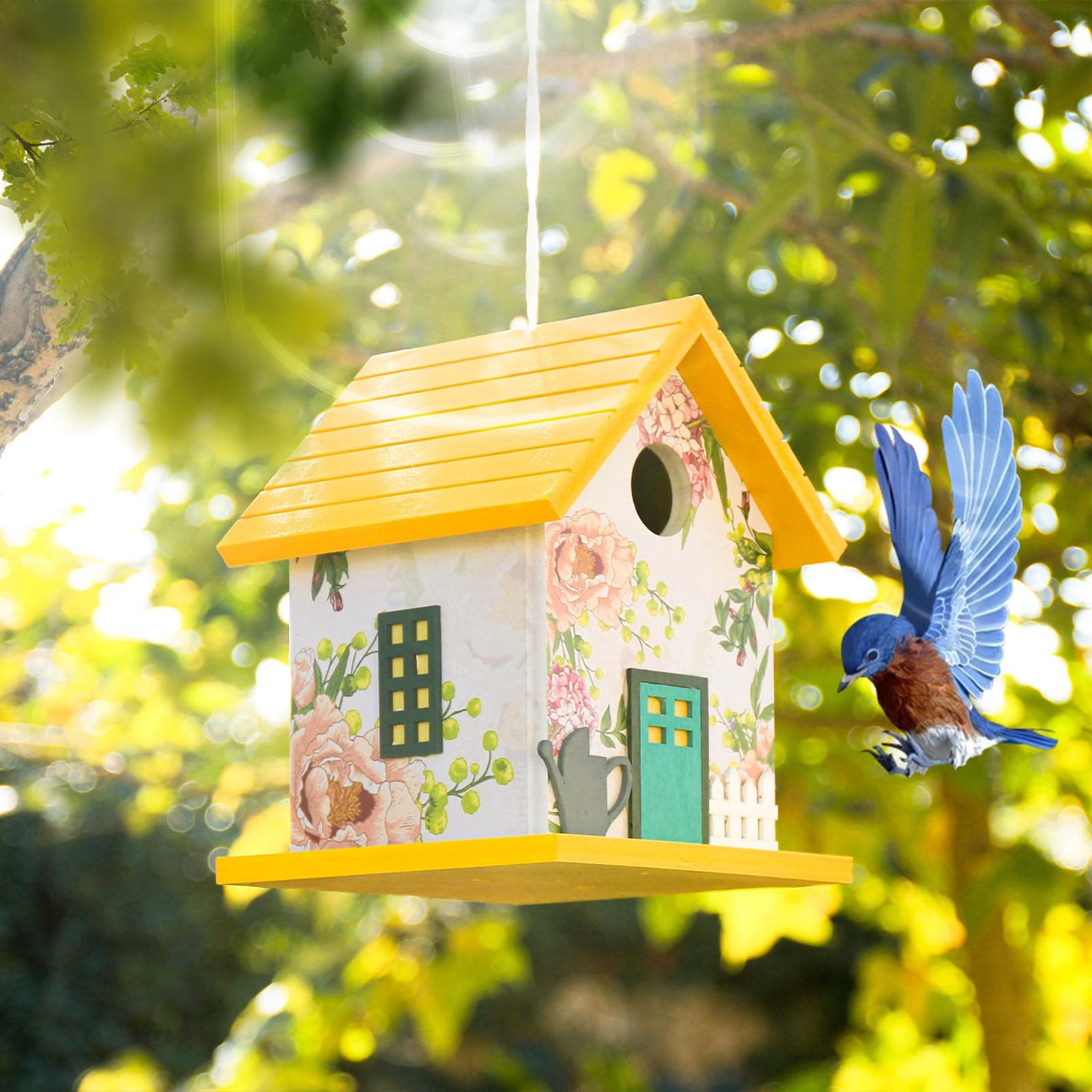Spring Melody Composite Material Bird House, Nesting Box, Hanging Birdhouse for Bluebird,Sparrow, Chickadee, Birdhouse for Outdoor Outside, Most Weatherable Bird Box on Post for Pole