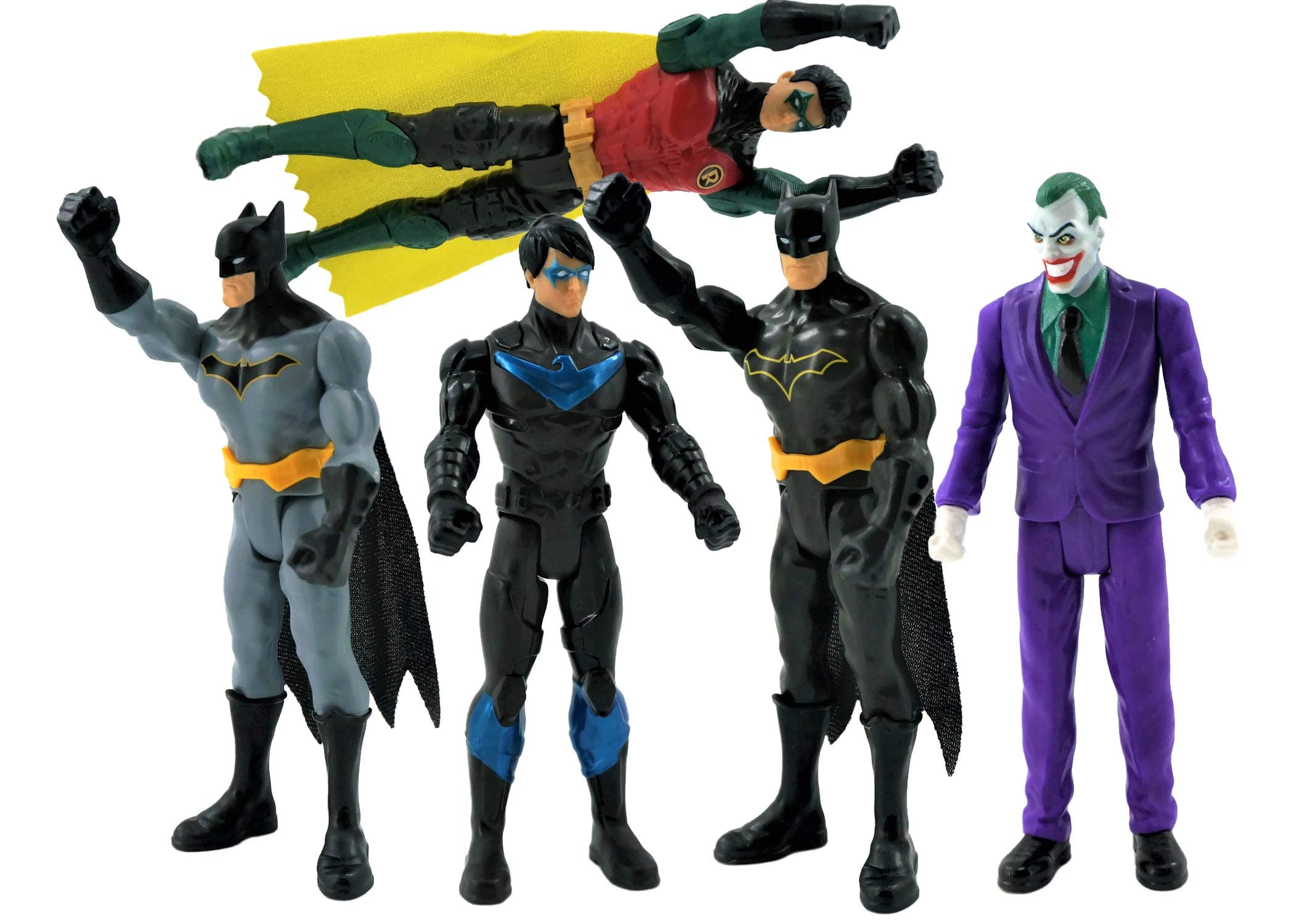 DC 6 Inch Action Figures | 5 Pack Includes The Joker, Grey Suit Batman, Black Suit Batman, Robin and Nightwing | 5 Point Articulation
