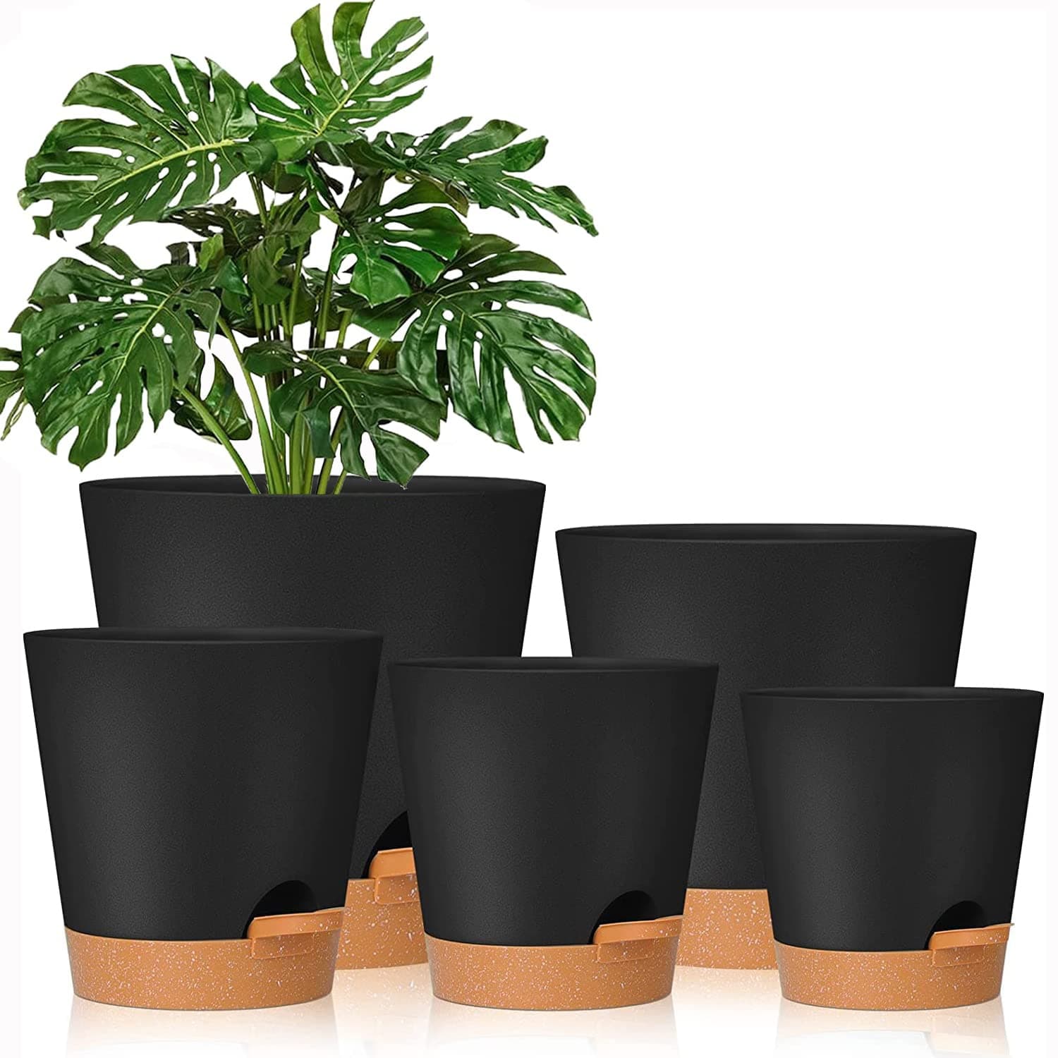 Angju 5 Pack Plant Pots 7/6.5/6/5.5/5 Inch Self Watering Planters with Drainage Hole, Plastic Flower Pots, Nursery Planting Pot for Indoor Plants, Succulents,Snake Plant, African Violet, and Cactus