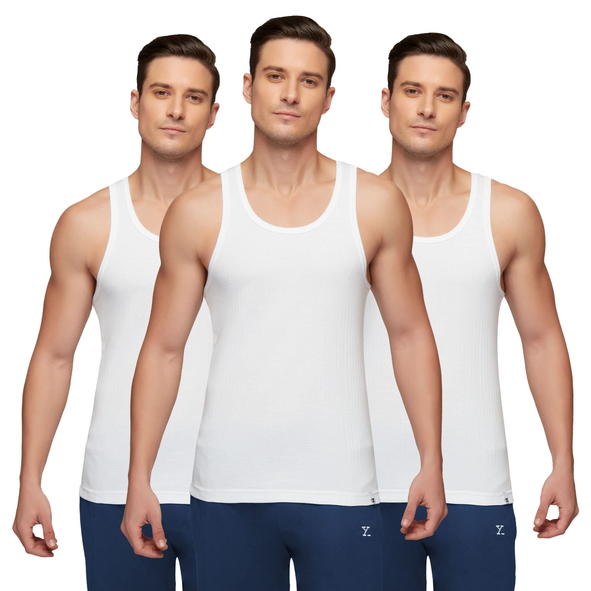 XYXX Men's 100% Combed Cotton Ribbed Regular Fit Solid Round Neck Vest | Anti Bacterial Finish, Racer Back Baniyan for Man, Tag Free Comfort Man's Inner (Pack of 3)