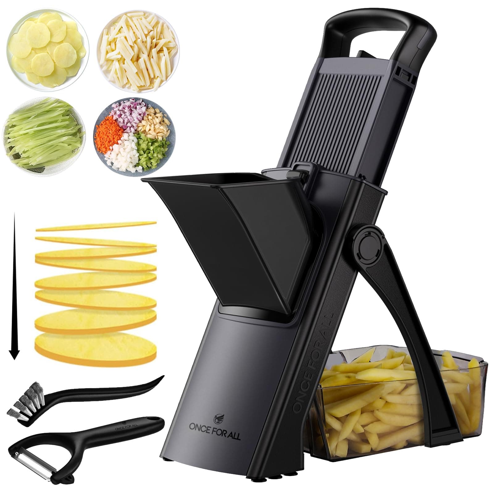 ONCE FOR ALL Safe Mandoline Slicer For Kitchen, Biger Size, Adjustable Vegetable Chopper Food Slicer Potato French Fry Cutter with Peeler, Detachable, Kitchen Chopping Artifact (Black)