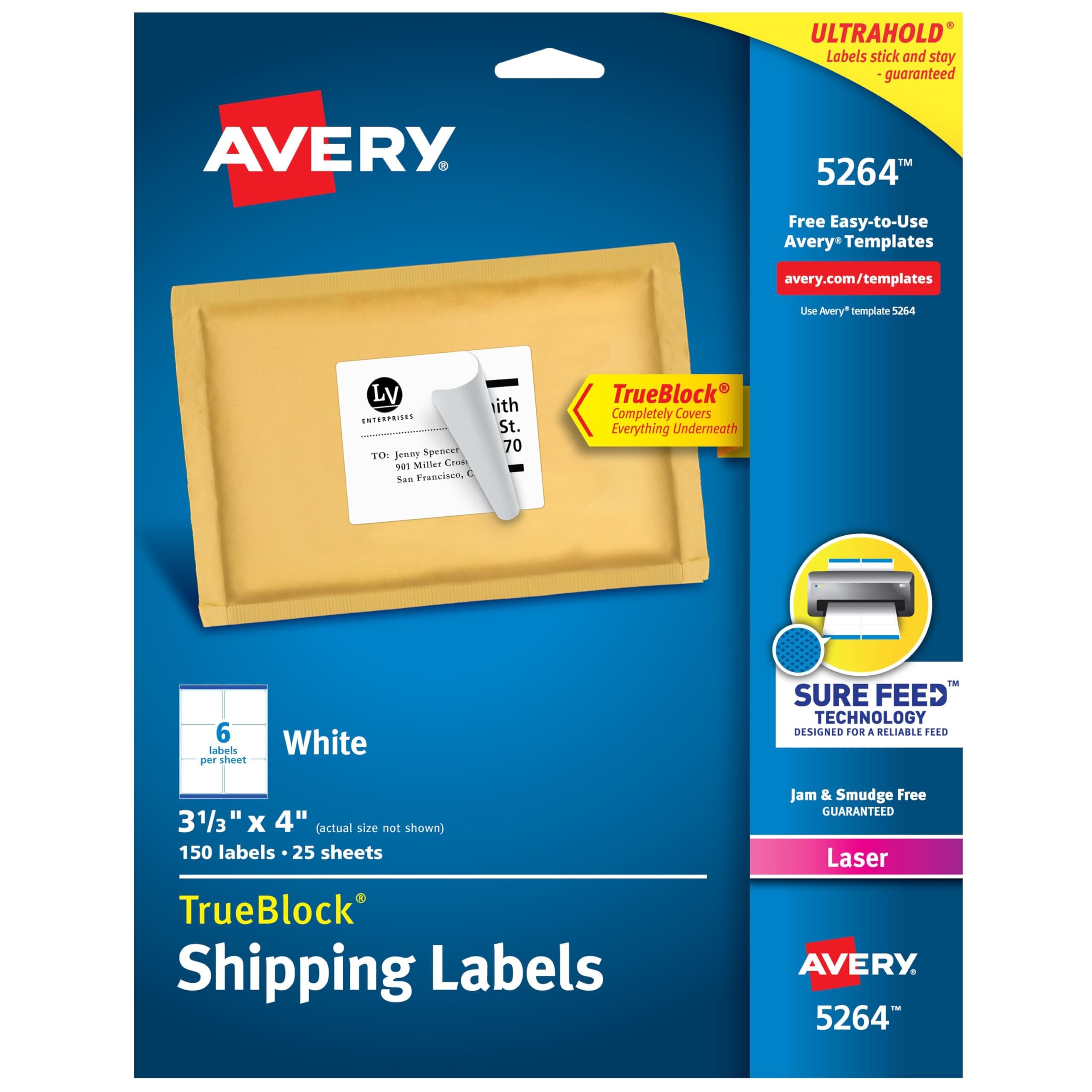 Avery Printable Shipping Labels with Sure Feed, 3-1/3" x 4", White, 150 Blank Mailing Labels (5264)