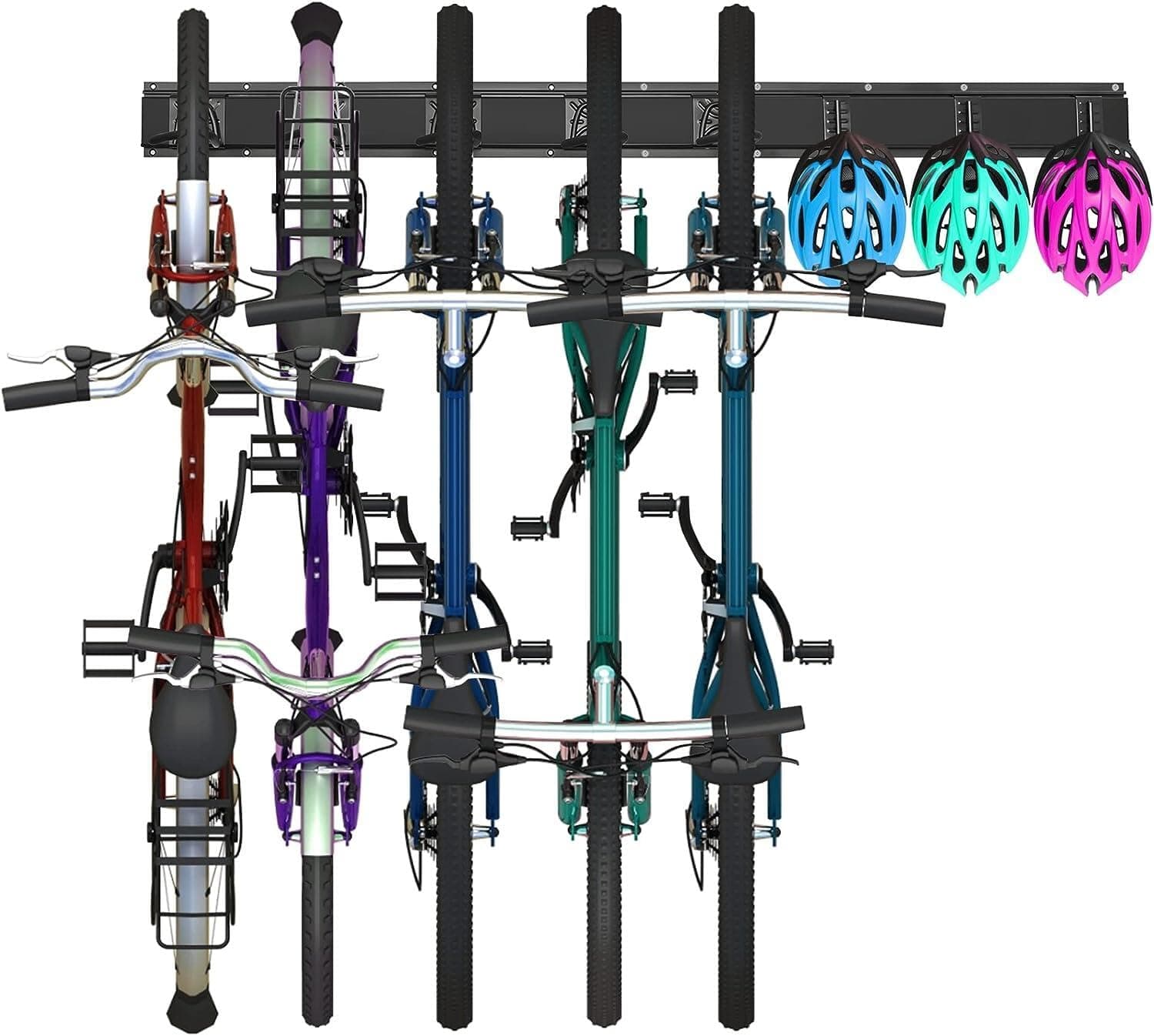 Wall-Mount Vertical Bike Storage Rack - Adjustable 120cm Rack for 5 Bicycles and 3 Helmets, Holds Up to 300 lbs for Home and Indoor Use