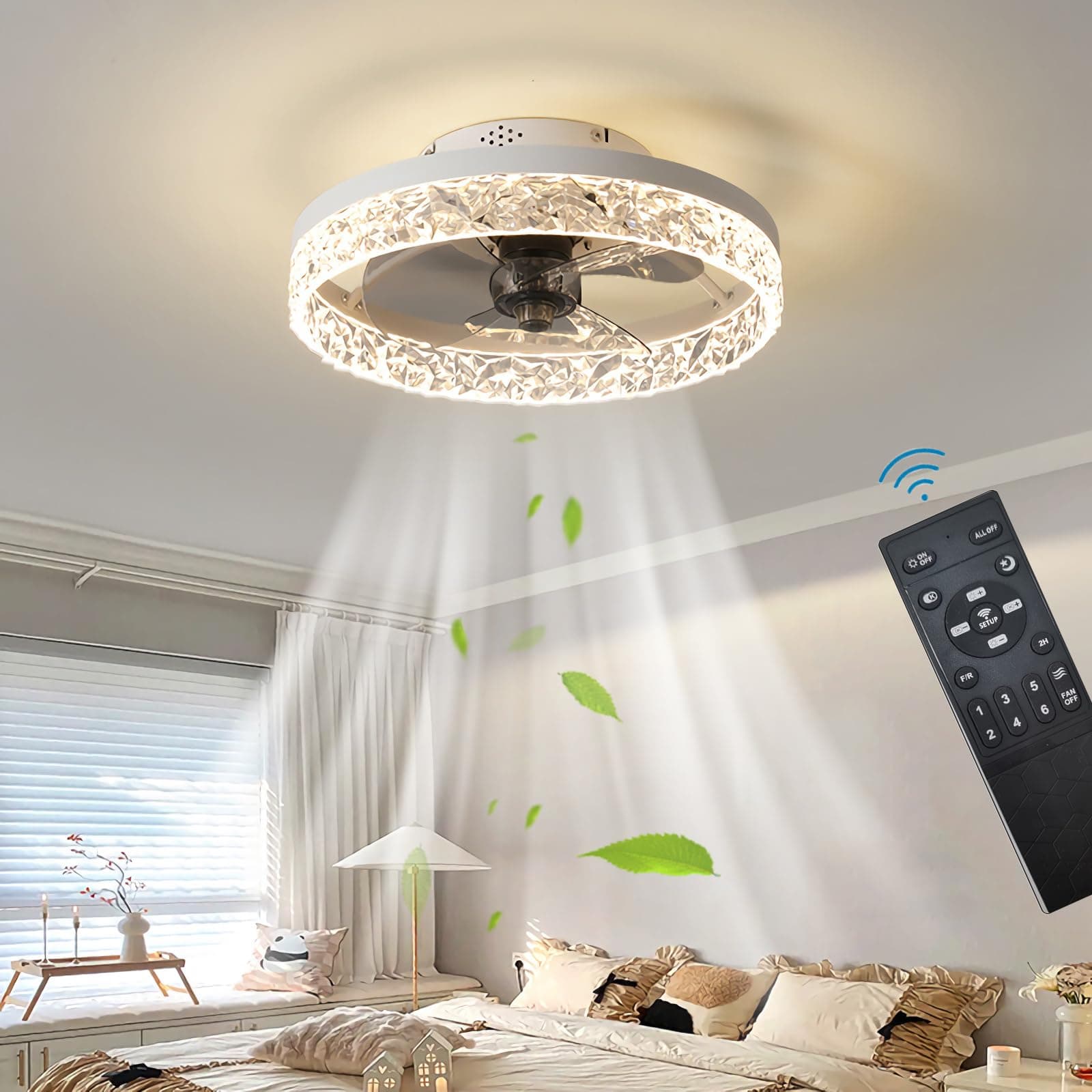 Quiet Ceiling Fans with Lights Remote Control, Modern Lighting Fan Ceiling Light LED Dimmable Ceiling Fan Lamps for Bedroom Living Room, Fan Reversible and 6 Speeds (White, 40CM)
