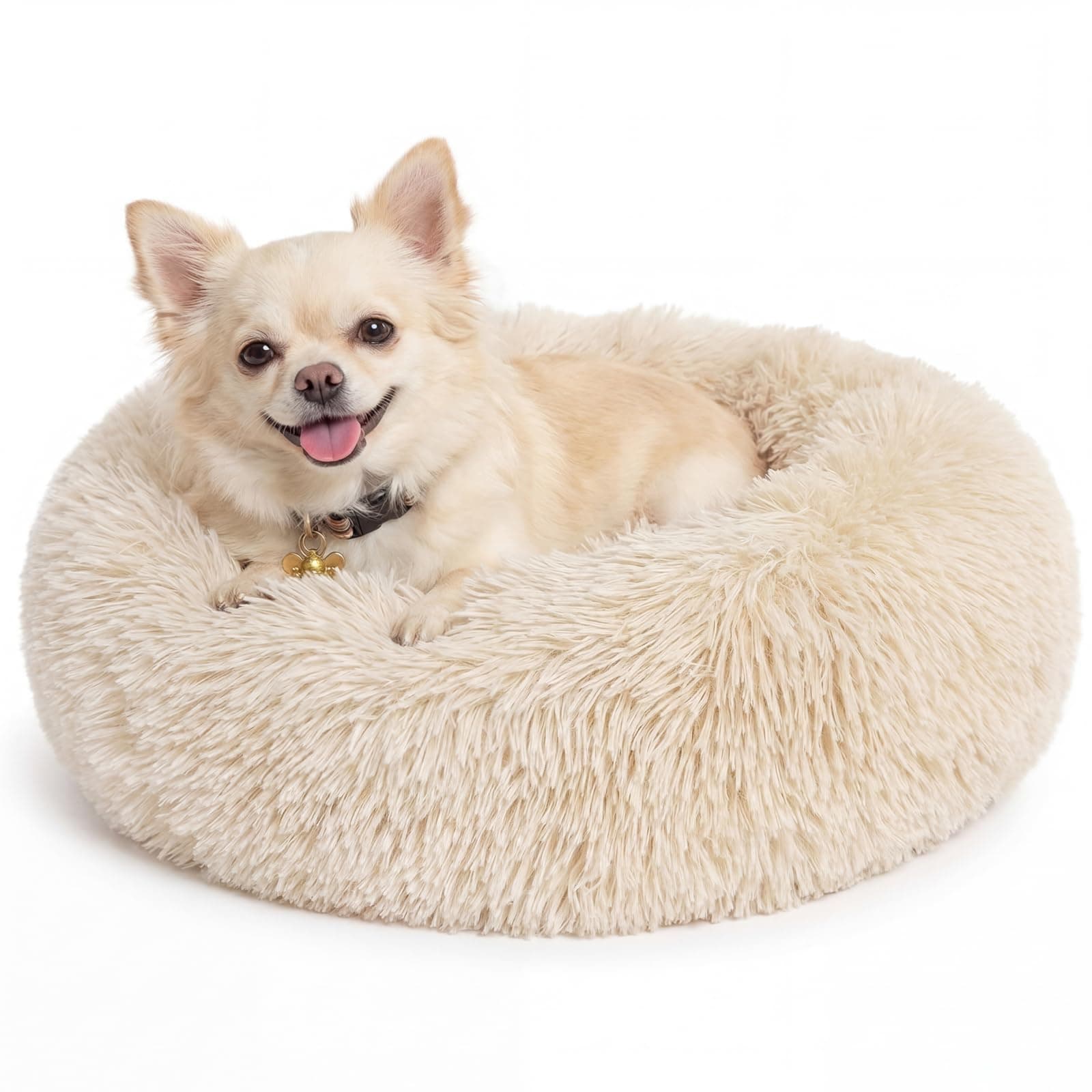 Calming Donut Dogs Beds for Small Dogs Washable,19inch Fluffy Round Puppy Bed for Puppies,Cats & Toy Breeds with Raised Rim,Fits up to 15 lbs Pets,Beige
