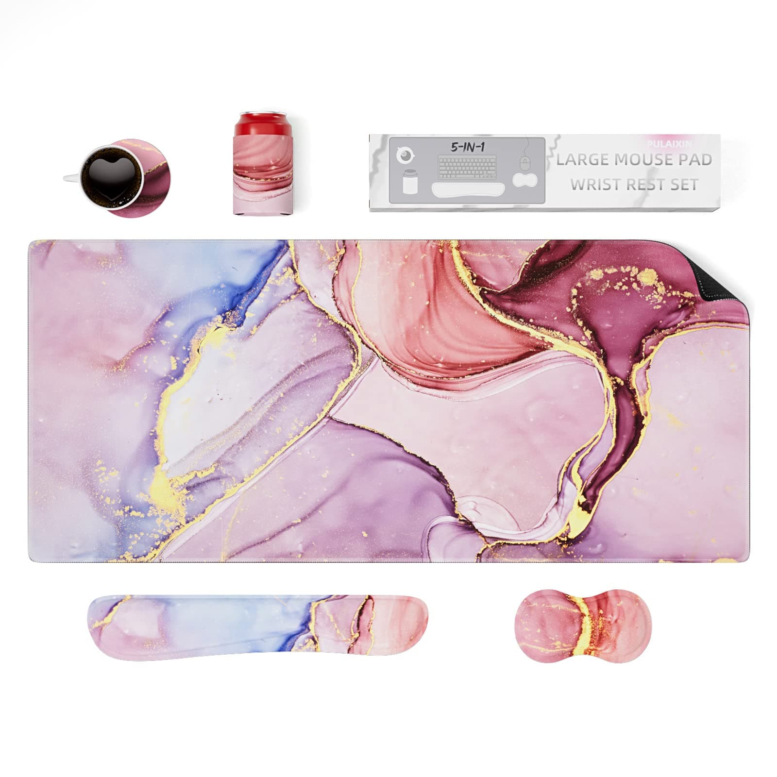PULAIXIN 5 in 1 Keyboard Mouse Pad Set, Mouse Pad Wrist Support, Extended Gaming Mouse Pad + Keyboard Wrist Rest Support, (34.5×15.7 in) Large Ergonomic Mousepad Desk Mat Combo -Pink Marble
