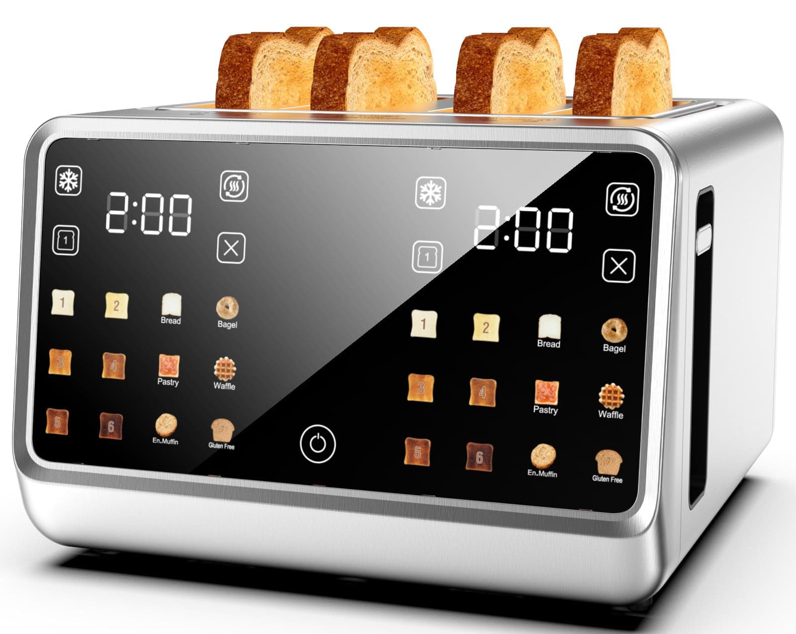 4 Slice Toaster– Dual Digital Smart TouchScreen & Independent Control Panel | Single-Slot Tech, Timer/Reheat/Defrost for Bagels, Bread | 1800W Stainless Steel, 6 Toast Types & Shade Settings