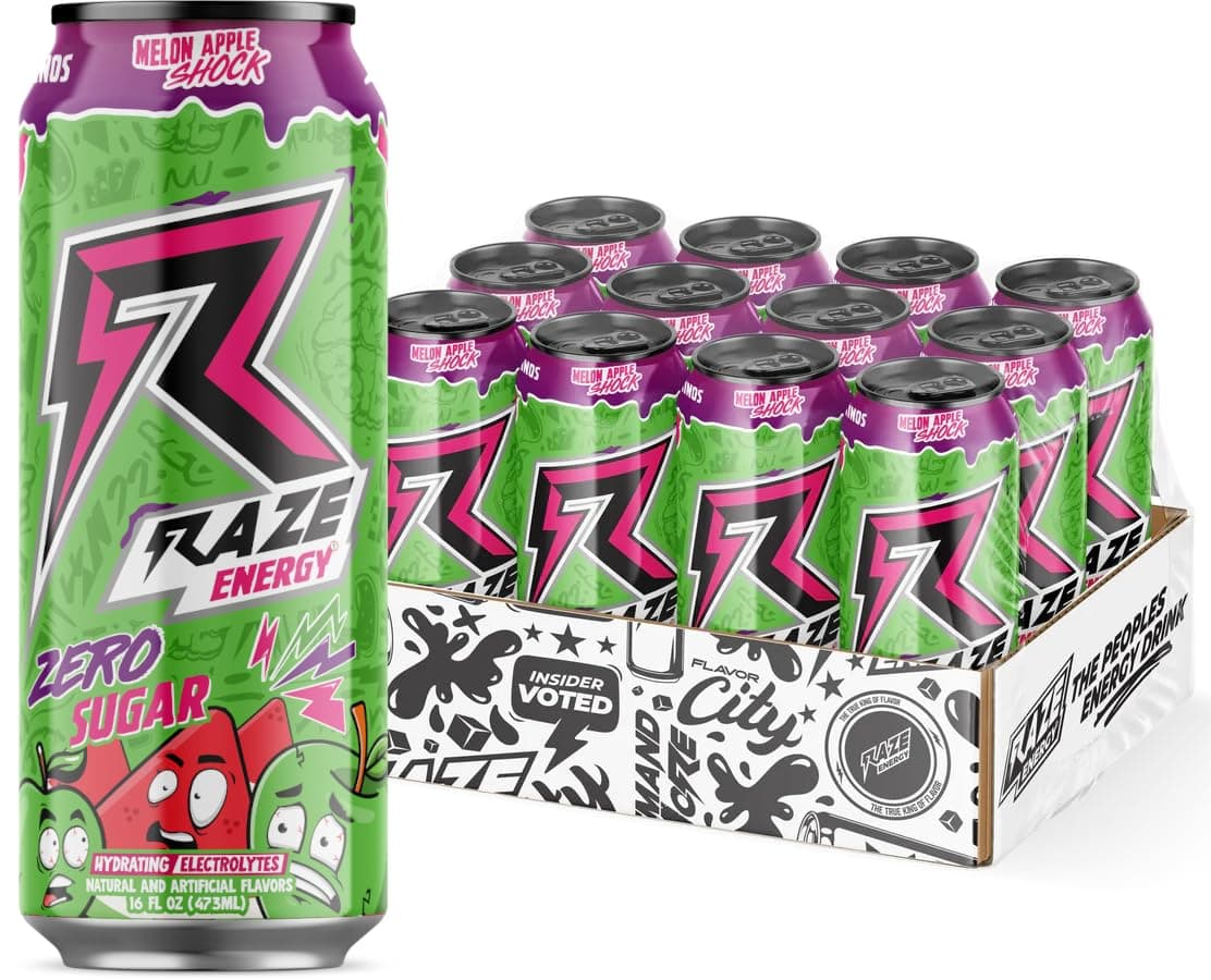 RAZE Zero Sugar Energy Drink 300mg Caffeine Zero Calorie Performance Hydration Prime Choice Sugar Free Drink Sustained Energy and Focus (Melon Apple Shock 12 Pack)