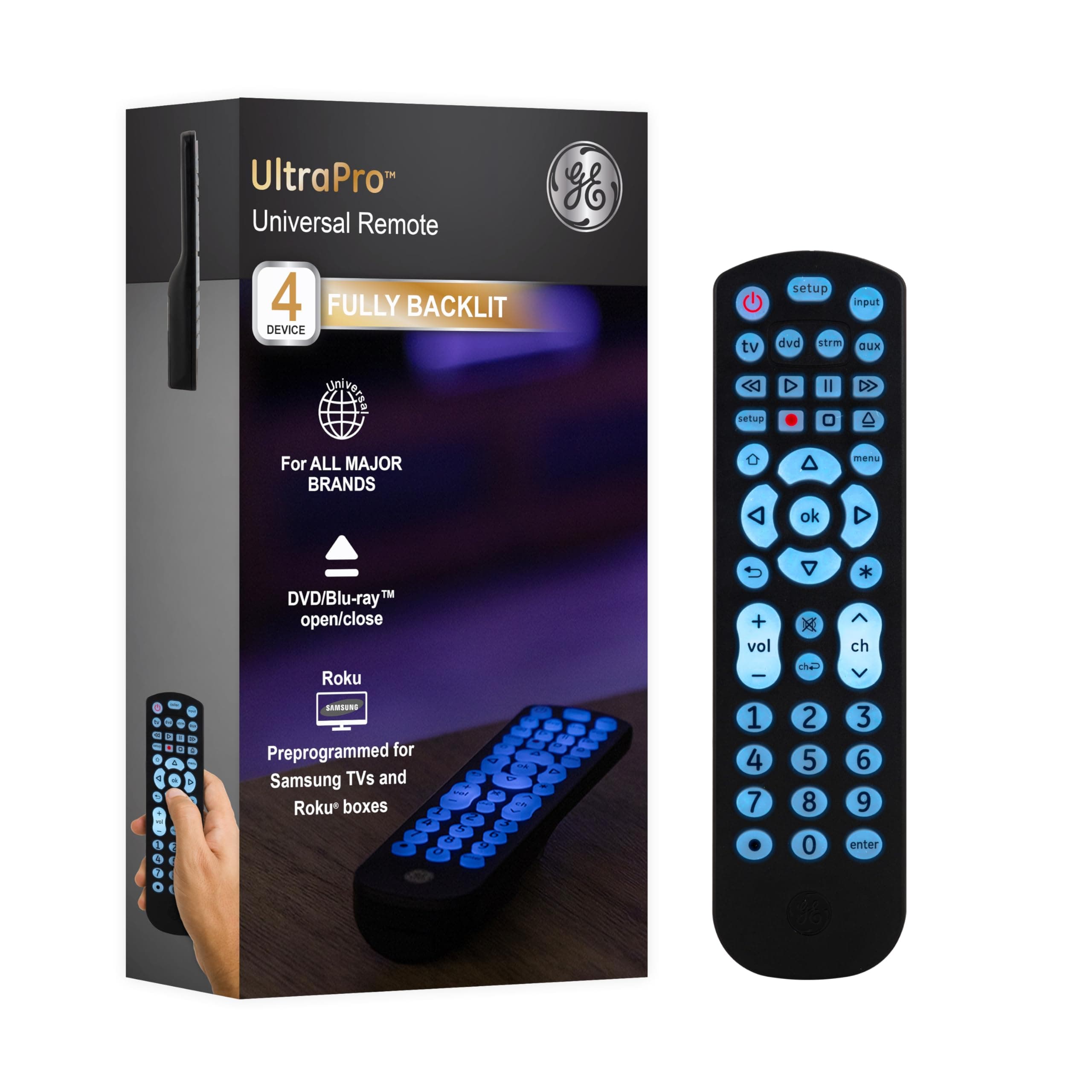 GE Universal Remote Control for Samsung, Vizio, LG, Sony, Sharp, Roku, Apple TV, TCL, Smart TV, Streaming Media Player, Blu-Ray Player, DVD Player, Easy Programming, 4-Device, Black, 40081