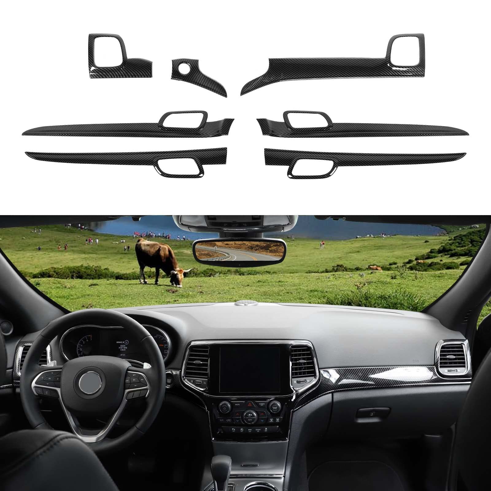 JeCar Center Console Dashboard Panel Trims Inner Door Handle Covers Interior Accessories Compatible with Jeep Grand Cherokee 2011+ WK2, Carbon Fiber Texture