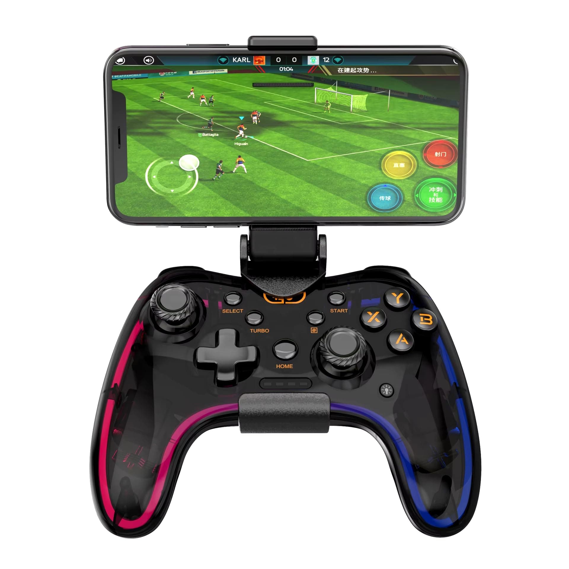 STK-8039 Wireless RGB LED Controller Compatible with Mobile Phone, iphone, PS4, PS3, PC, and Nintendo Switch for Gaming Gamepad with Dual Vibration, Joystick for PC - Transparent