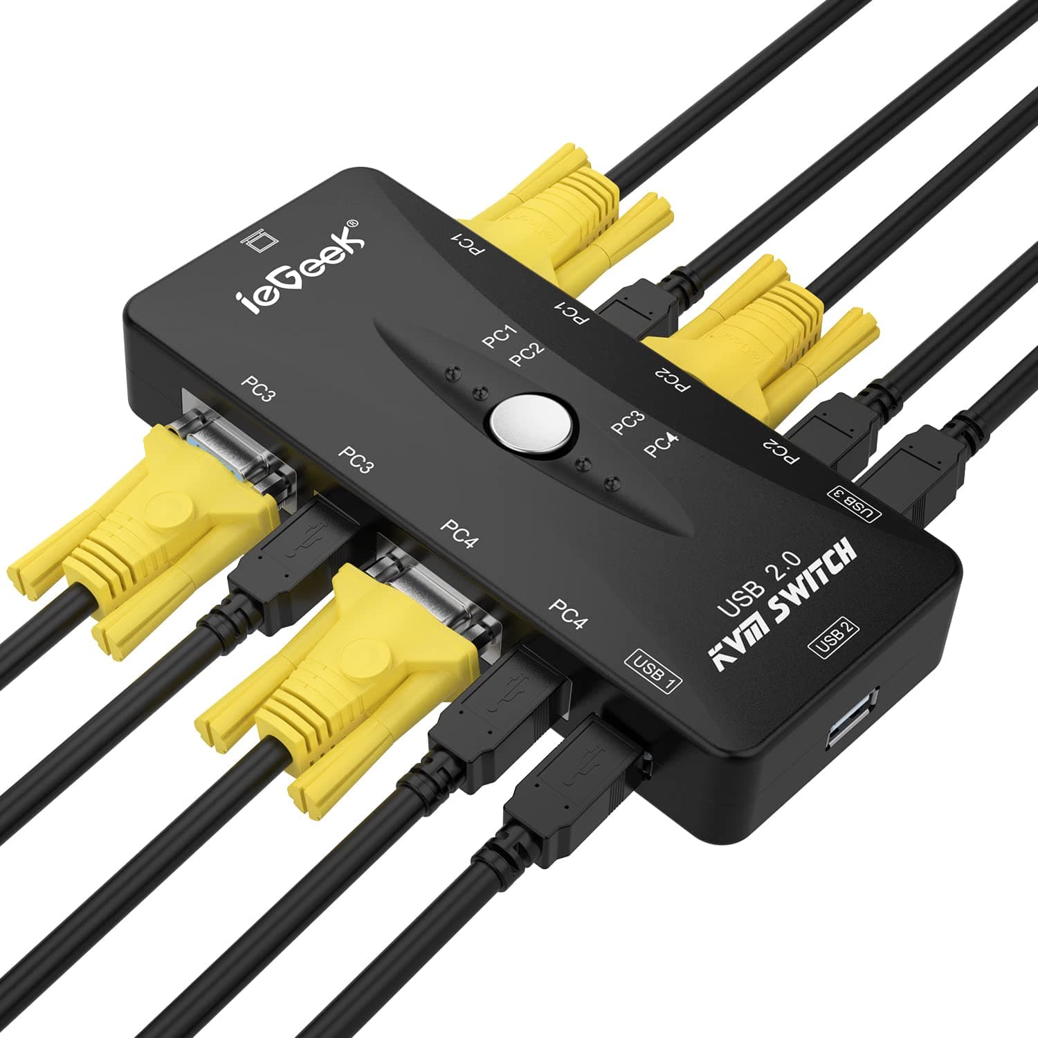 KVM Switch Selector, IeGeek Switch Hub 4 In 3 Output Sharing Switcher Box Adapter for Mouse, Keyboard, Scanner, Printer, Computer with One Button Swapping and 4 Pcs USB 2.0 Cable