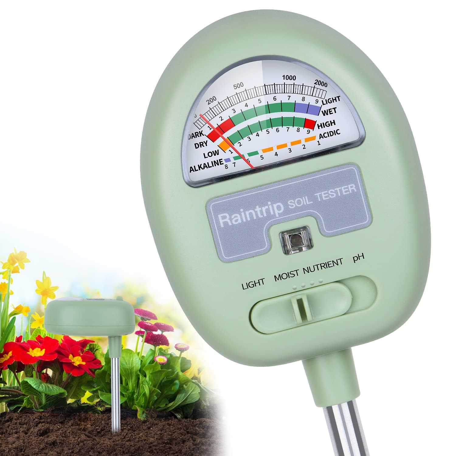 Soil Moisture Meter 4-in-1 Soil PH Meter Soil Tester for Moisture/Light/Nutrients/pH Plant Care Tool Ideal for Garden, Lawn, Farm, Indoor and Outdoor Use(No Batteries Required)