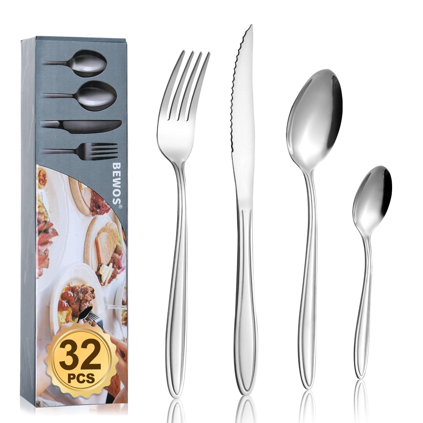 Cutlery Set, BEWOS 32 Pcs Stainless Steel Flatware Set, Tableware with Patterned Handle, Silverware Set with Spoon, Serrated Dinner Knife and Fork Set, Service for 8, Dishwasher Safe, Mirror Polished