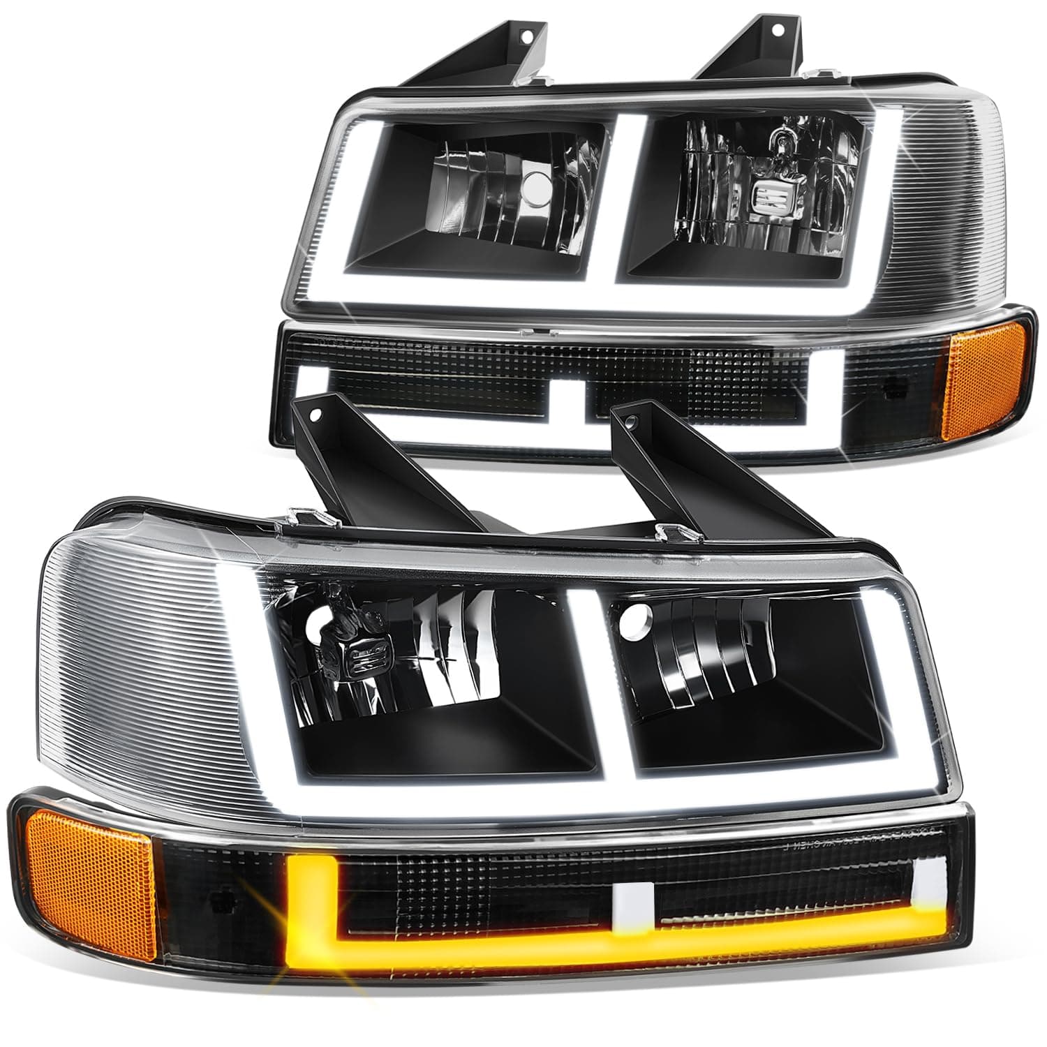 E-Style LED DRL Headlight+Parking/Turn Lamps Set Compatible with 03-14 Express/Savana 1500, 03-23 Express/Savana 2500 3500,Black/Amber,HL-LB4-CEGS03-4P-BK-AM