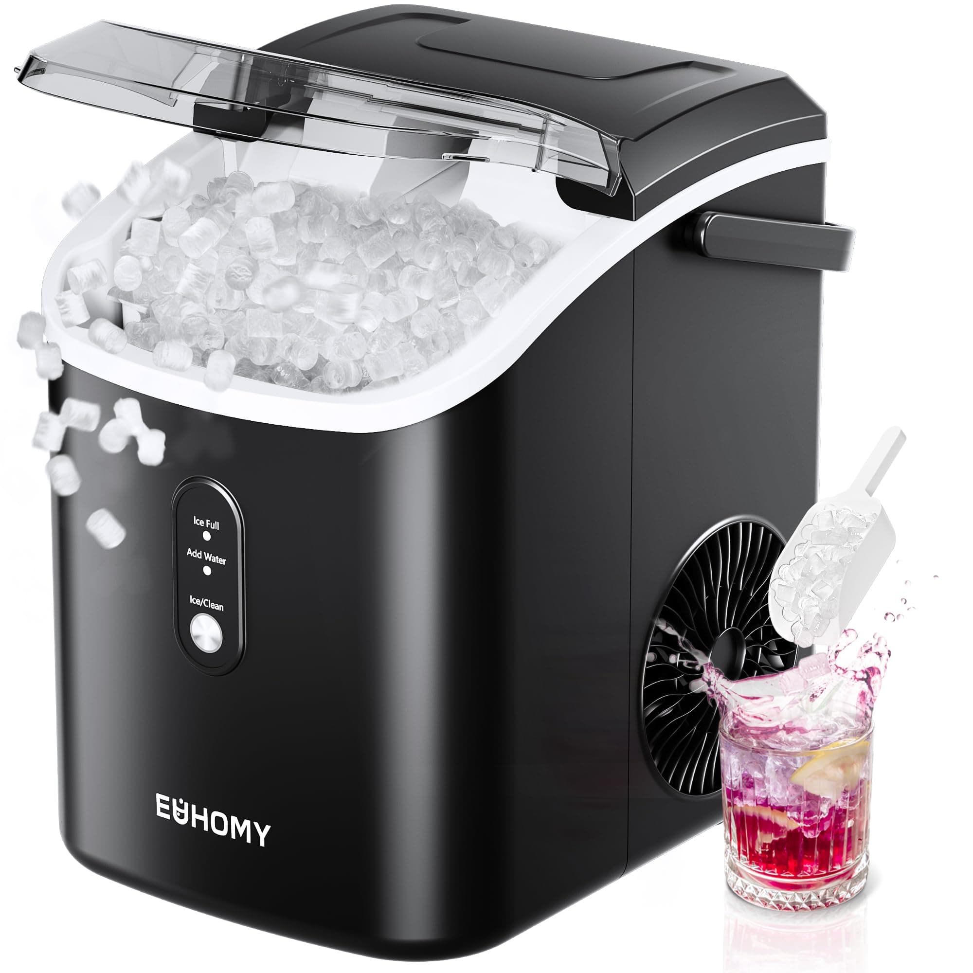 Nugget Ice Maker Countertop with Handle, Ready in 6 Mins, 34lbs Per Day, Removable Top Cover, Auto-Cleaning, Portable Sonic Ice Maker with Basket and Scoop, for Home/Party/RV/Camping (Black)