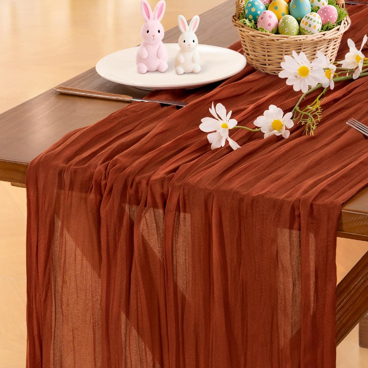 Terracotta Easter Spring Fall Cheesecloth Table Runner Boho Rustic Farmhouse Gauze 120 inch 10FT Cheese Cloth Runner for Wedding Party Baby Shower Birthday Home Decor Holiday Decorations