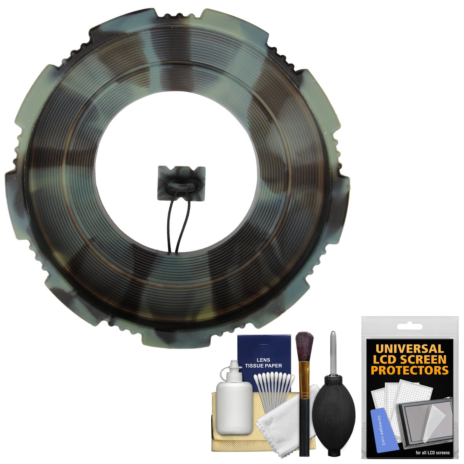 MADE Rubberized Camera Armor Lens Hood + Cap Leash (Camo) fits 52, 55, 58, 62mm Lenses + Cleaning Kit