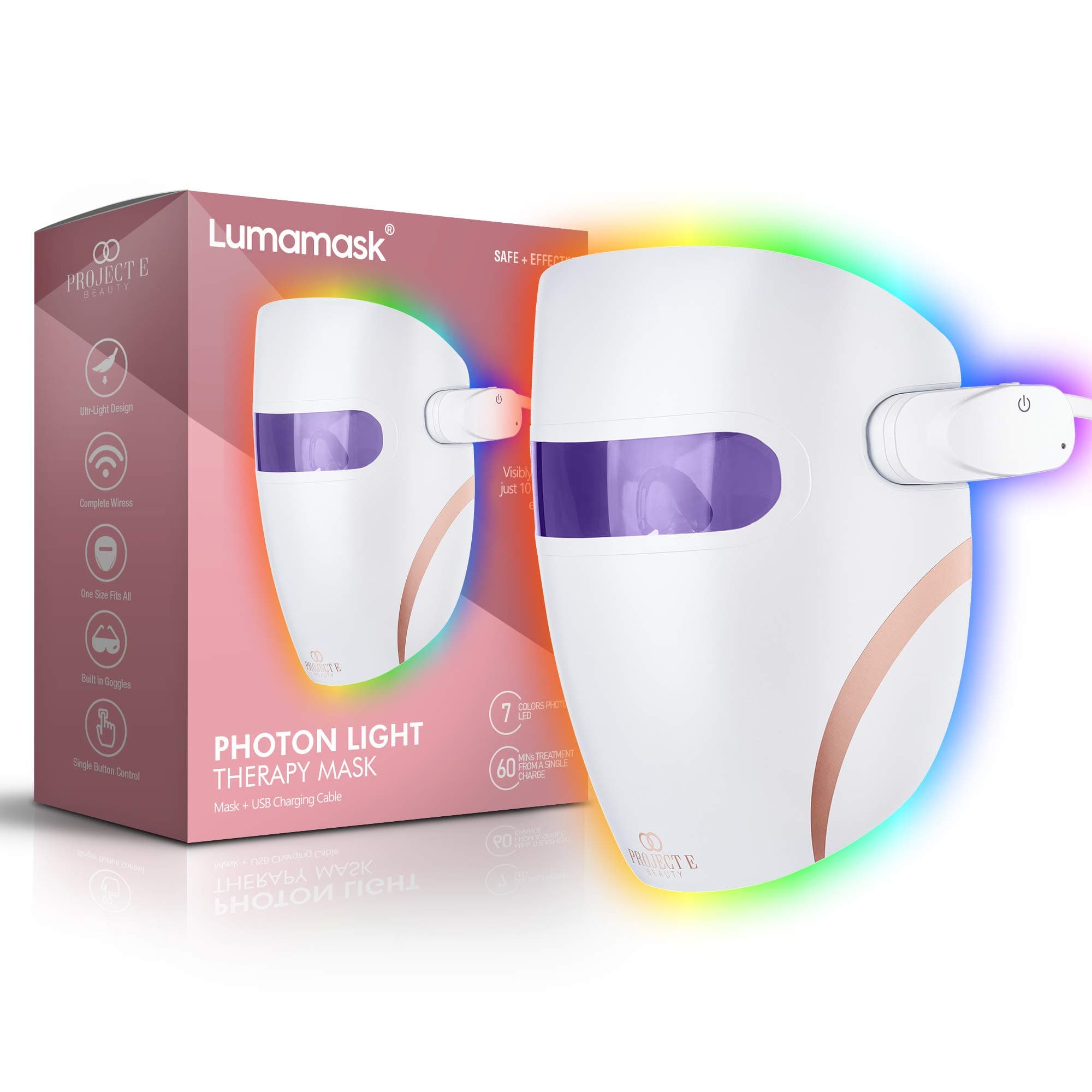 Project E Beauty Lumamask LED Light Therapy 7 LED Colors | Anti-Aging & Anti-Blemish Skincare | Reduce Fine Lines & Wrinkles | Skin Tightening | Lightweight & Wireless