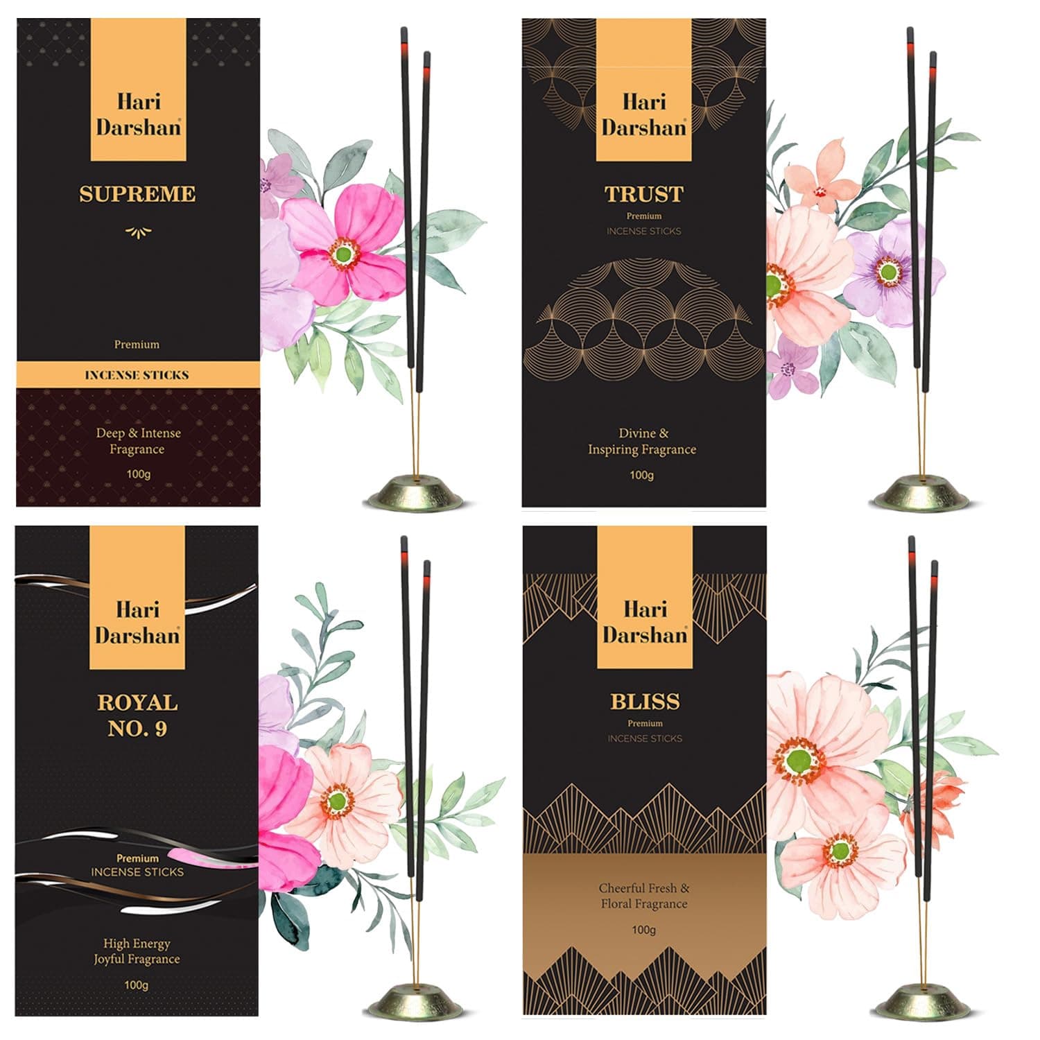 Hari Darshan Premium Agarbatti Stick Combo - 400 Sticks | Long-Lasting Fragrance | Bliss, Supreme Agarbathies for Pooja in a Decorative Agarbatti Box Royal No. 9 Incense Sticks (Pack of 4, 100g Each)