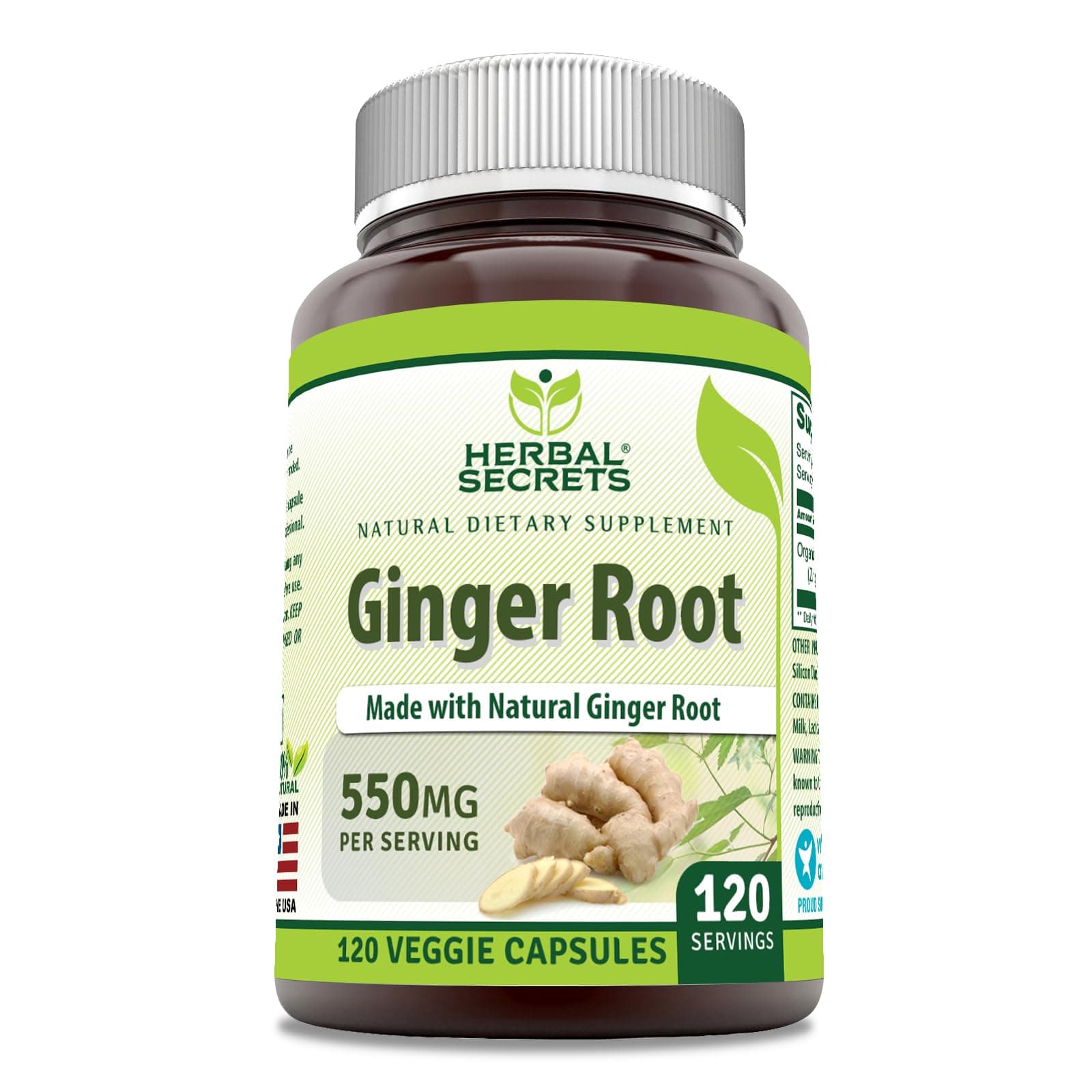 Herbal Secrets Ginger Root Supplement | 550 Mg Per Serving | 120 Veggie Capsules | Non-GMO | Gluten Free | Made in USA