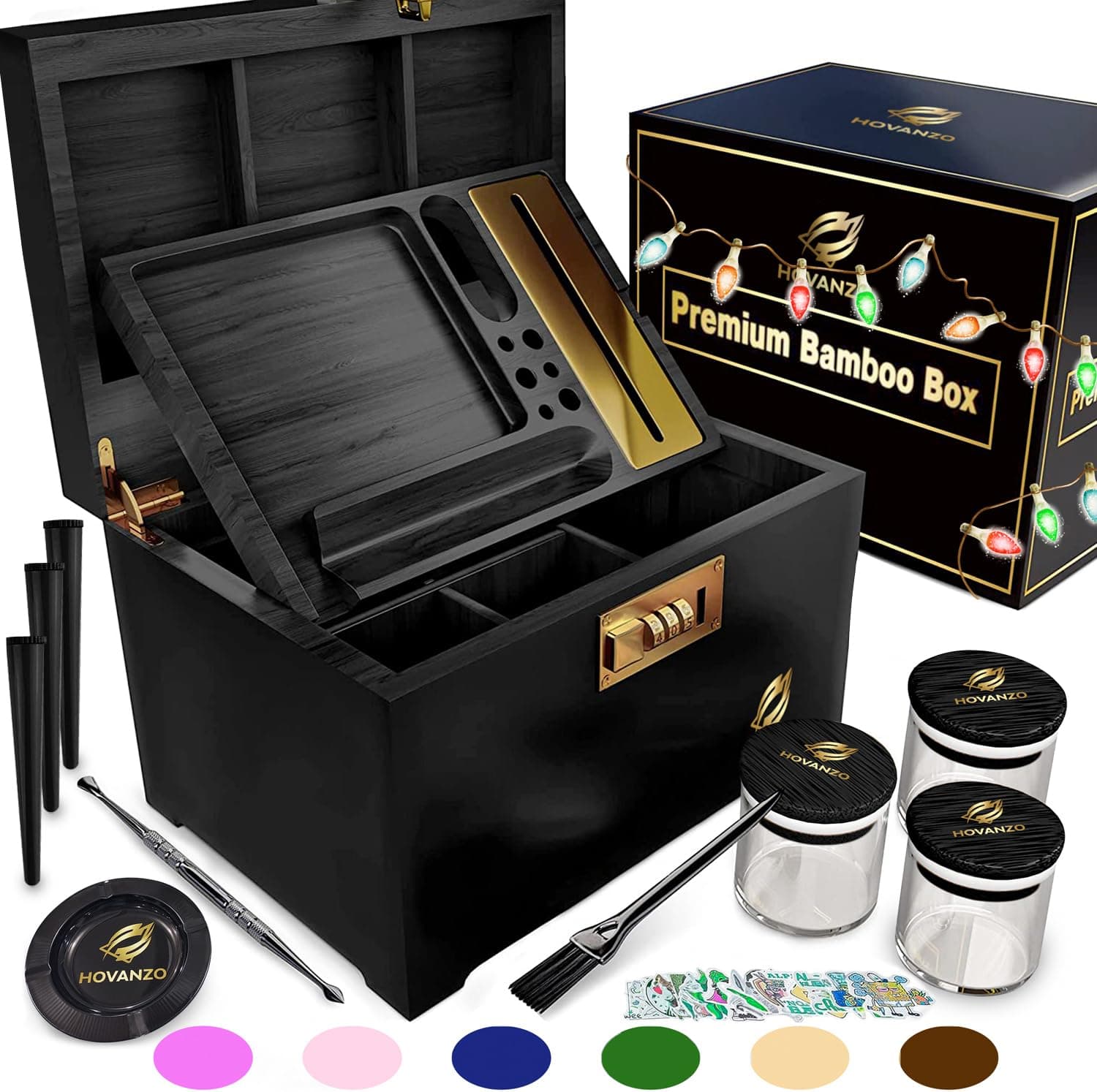 HOVANZO Premium Large Bamboo Storage Box with Removable Tray - Storage Wood Box for Herbs and Accessories - Storage Box Set with Combination Lock - Smell Proof Container with Accessories