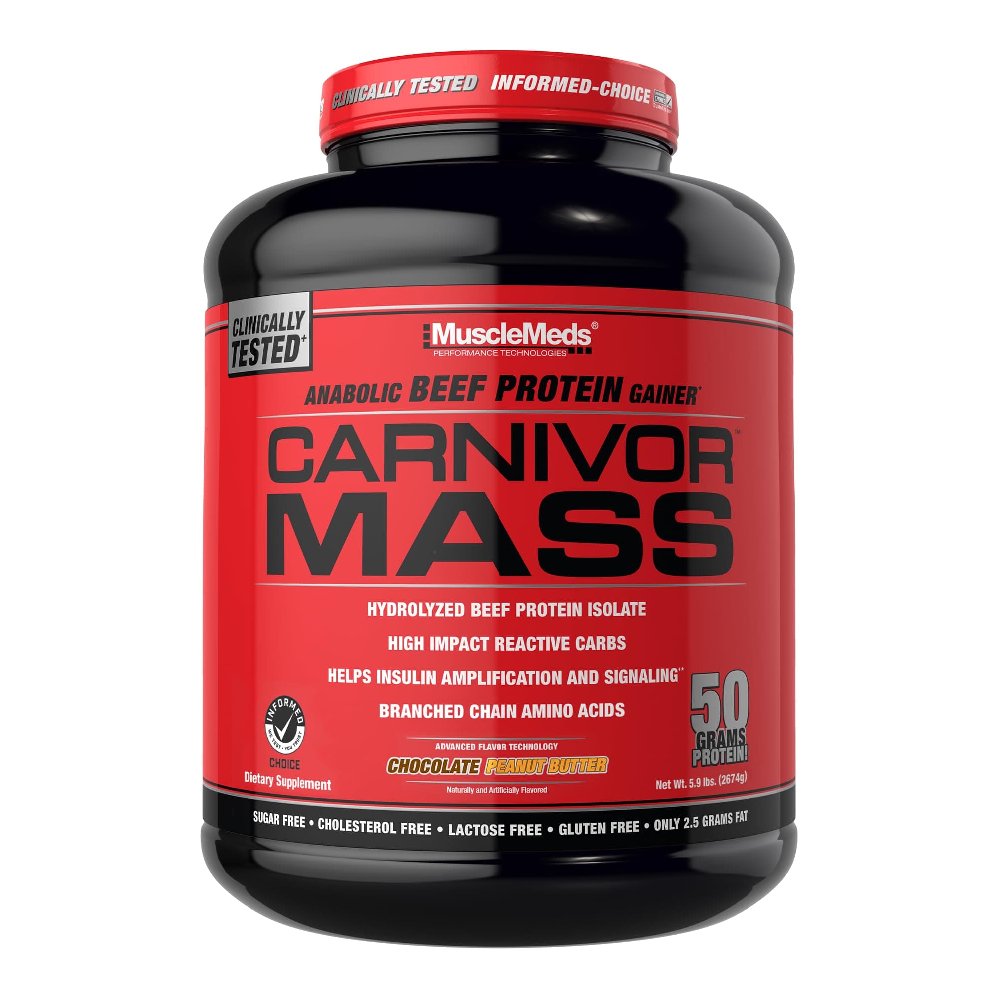 CARNIVOR Mass Gainer Beef Protein Isolate Shake, 50 Grams Protein, 125 Grams Carbs, 0 Fat, 0 Sugar, Lactose Free, Halal Certified, Chocolate Peanut Butter, 6 Pound