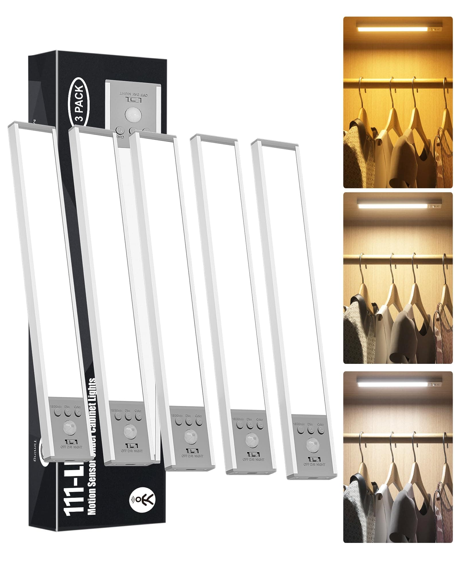 SZOKLED Under Cabinet Lighting Motion Sensor, 111-LED Magnetic Wireless Closet Lights with Timer & Dimmable & 3 Color Temperatures for Kitchen, Counter, Stairs (5 Pack)