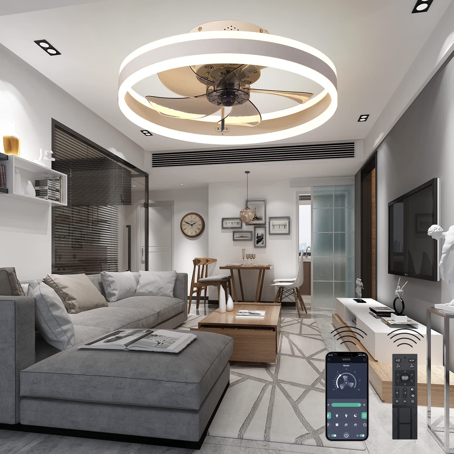 Dimmable Low Profile Flush Mount Ceiling Fan with Light, APP & Remote Control Enclosed Ceiling Fan, 3-Color Smart Bladeless Ceiling Fan Lights for Bedroom, Living Room