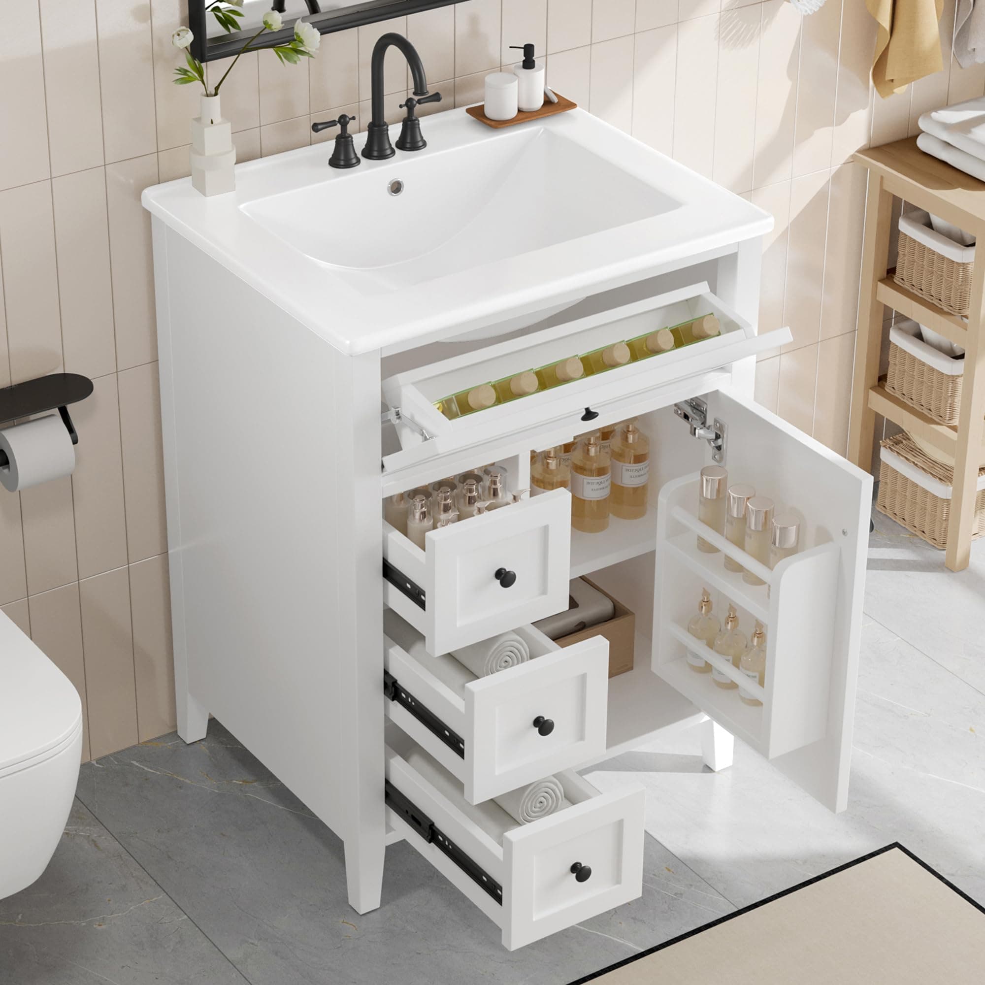 Linique 24" Bathroom Vanity with Sink Combo Set, Solid Wood Frame Bathroom Storage Cabinet with 3 Drawers and a Tip-Out Drawer, Adjustable Shelves, Soft Closing Cabinet Door with Organizer, White