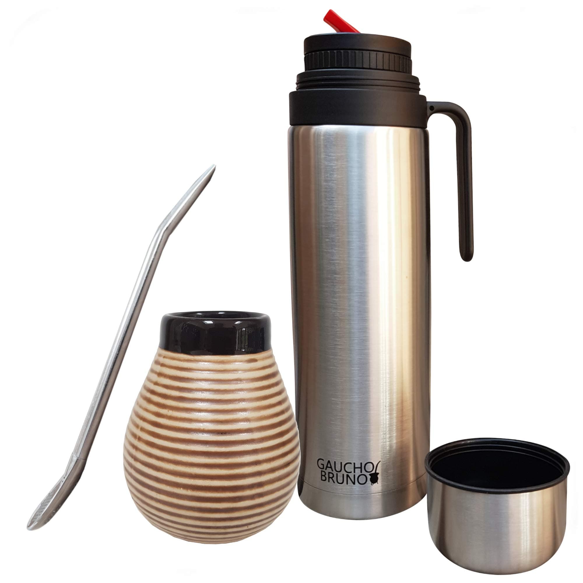 Yerba Mate Cup, Straw, Flask Set - Ceramic Gourd Mug, Stainless Steel Bombilla Drinking Straws and 1 Litre Flask with Red Pouring Spout - Reusable Home and Travel Drinks Kit - Brown