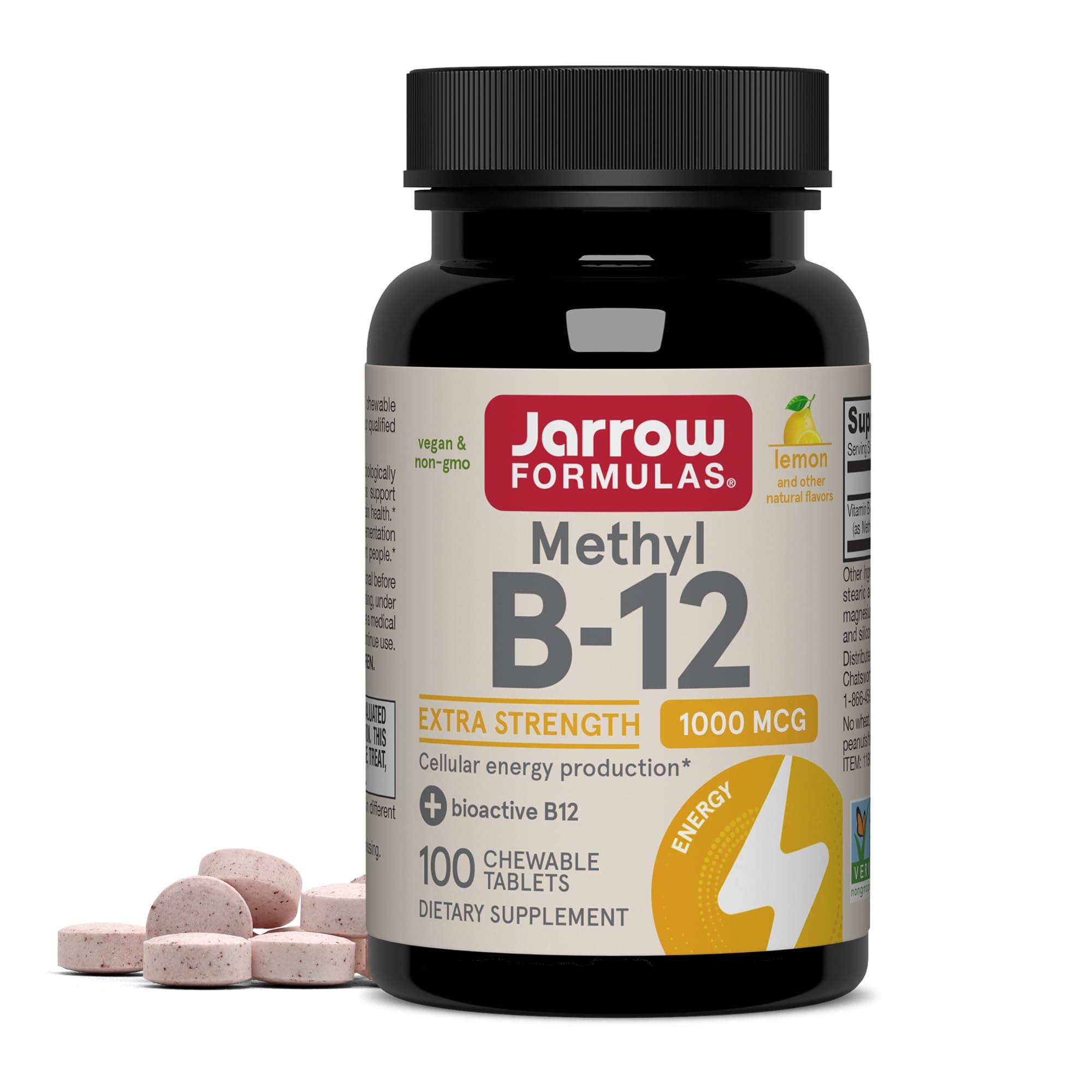 Methyl Vitamin B-12 1000 mcg, 100 Chewable Tablets, Lemon Flavored- Bioactive B12 Vitamin - Supports Cellular Energy Production, Brain Health & Metabolism - 100 Servings
