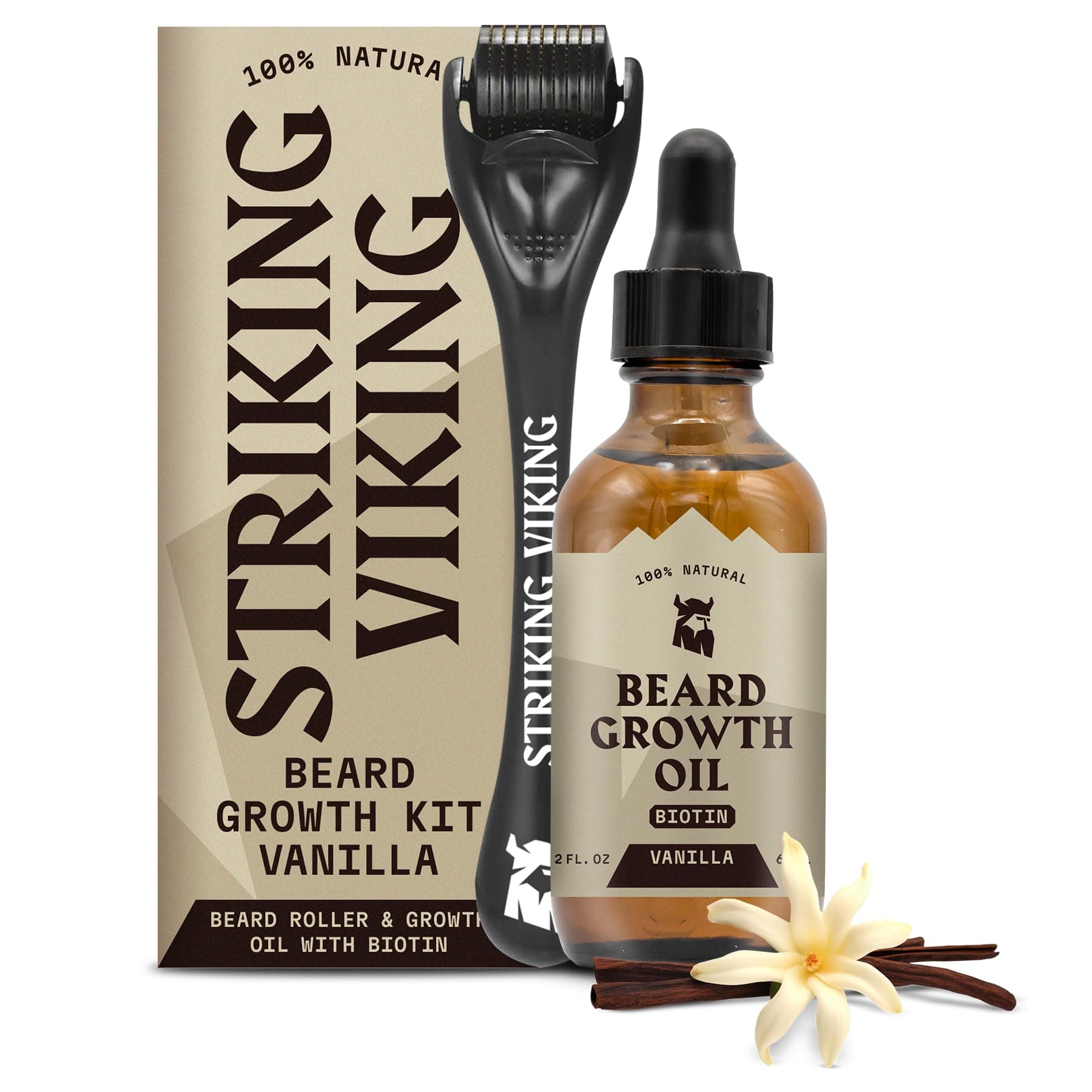 Striking Viking Beard Growth Kit – Beard Growth Oil with Roller for Thickening and Conditioning - Naturally Derived Beard Serum for Facial Hair Growth for Men, Vanilla 2 Fl Oz (Pack of 2)