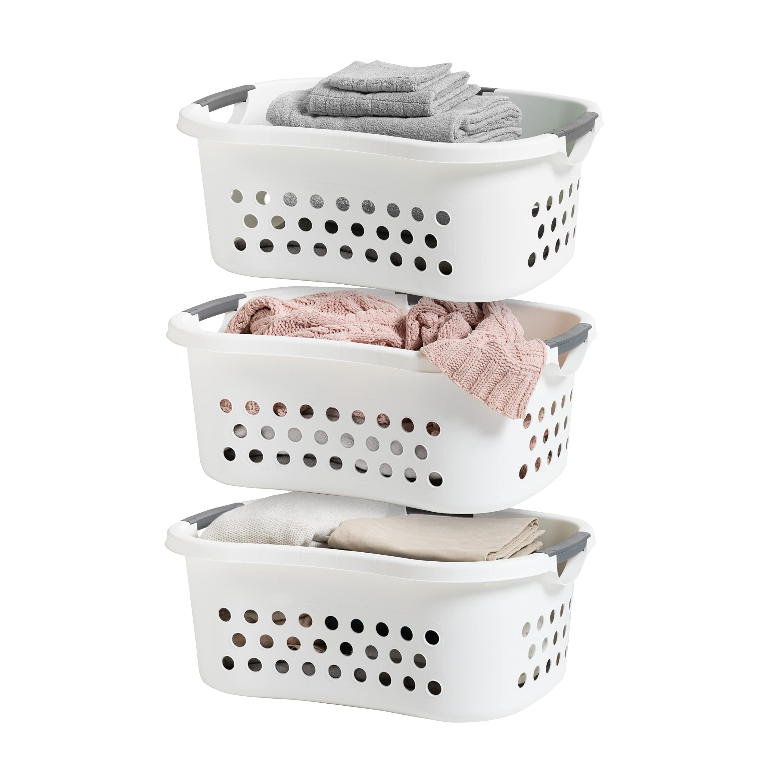 IRIS USA 50L Plastic Hip Hold Laundry Basket with Built-In Comfort Carry Handles, 3 - Pack, 1.5 Bushel, Clothes Hamper, Laundry Hamper, Ventilation Holes, for Closet Dorm Laundry Room Bedroom, White