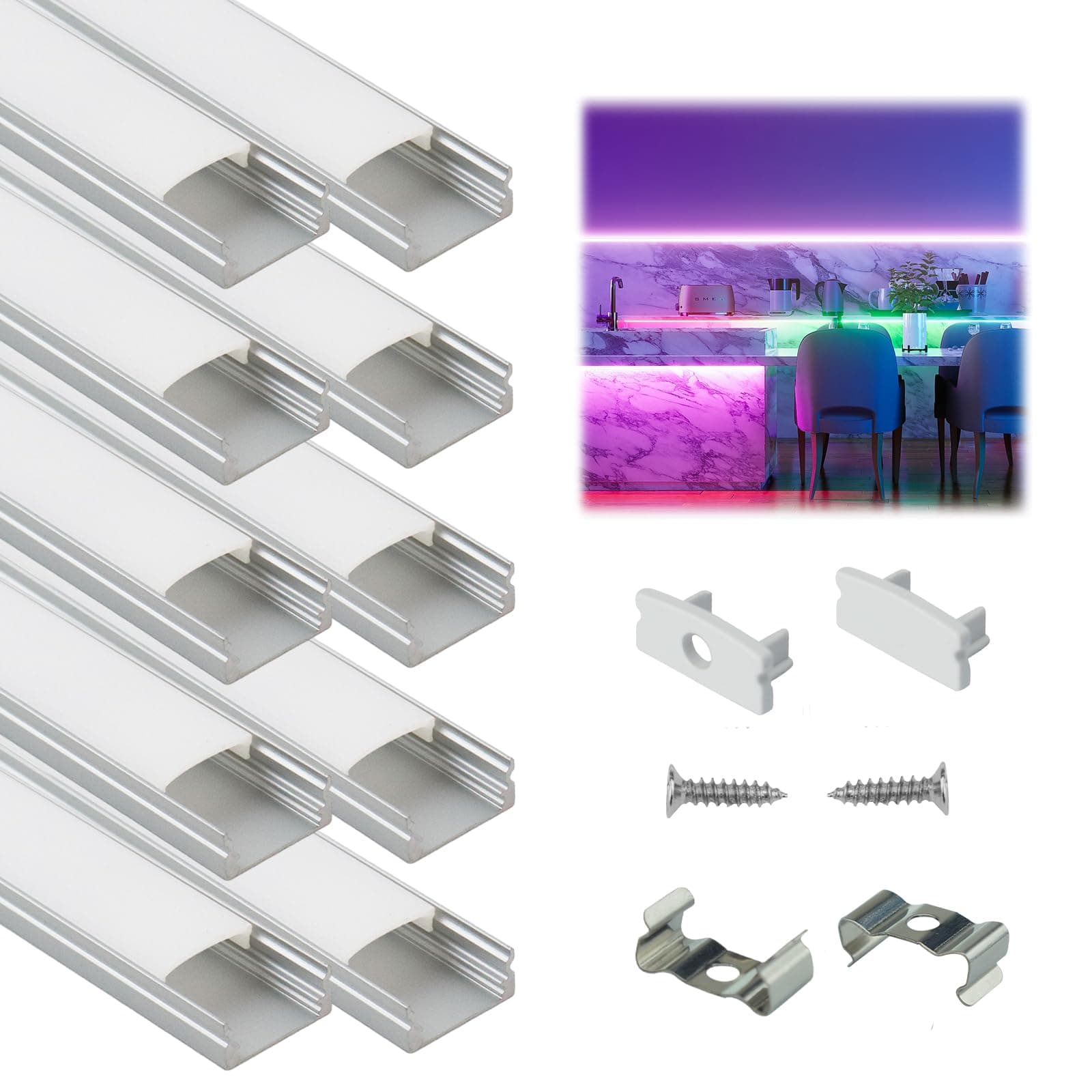 10Pack 3.3FT/1M LED Channel Aluminum U Shape Silver LED Strip Diffuser Channel with Milky White Cover Easy Installation U1SW WW 1M