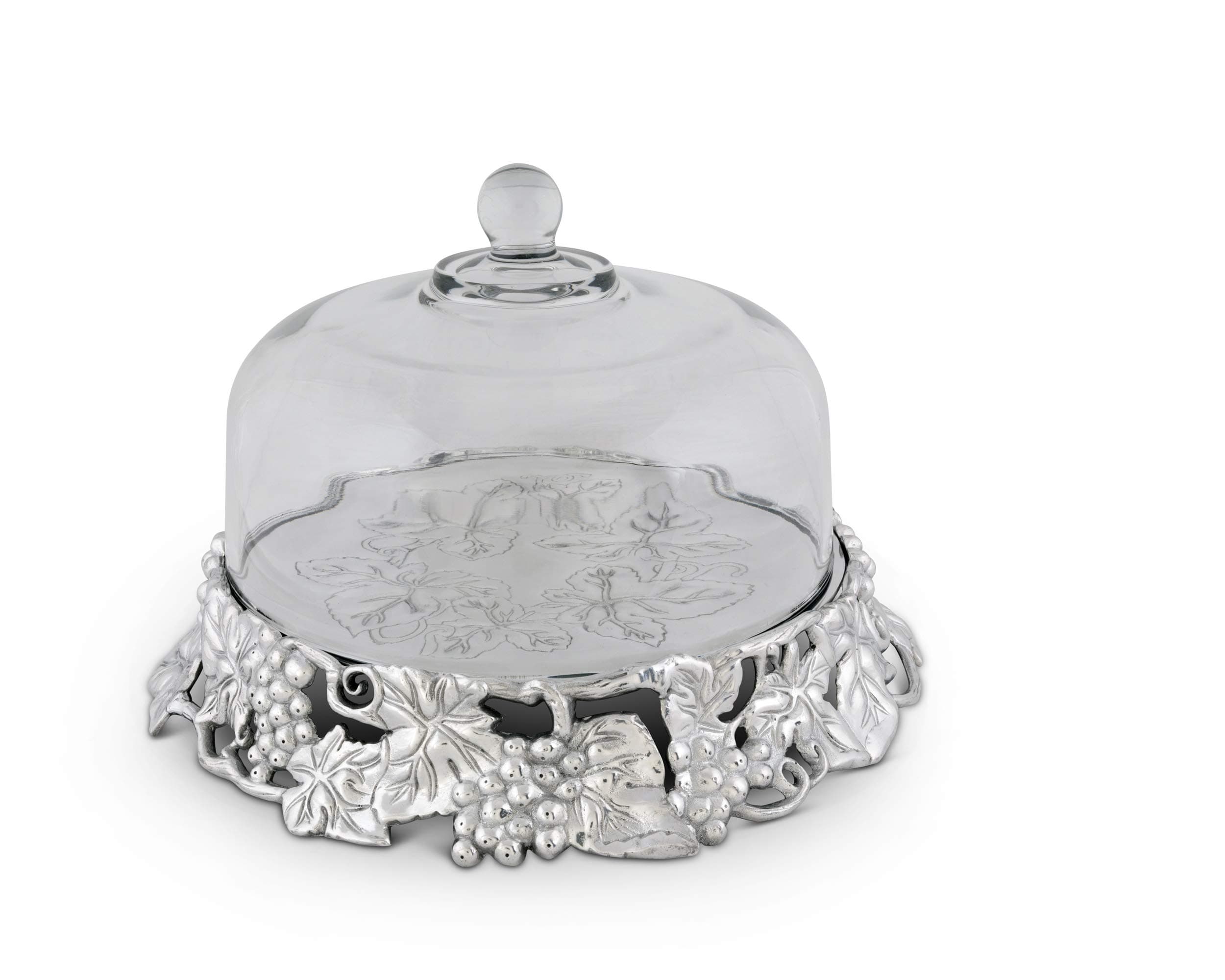 Arthur Court Cake Stand with Glass Dome Grape Pattern Sand Casted Aluminum Stand Artisan Quality Hand Polished Designer Tarnish-Free 14 inch Diameter