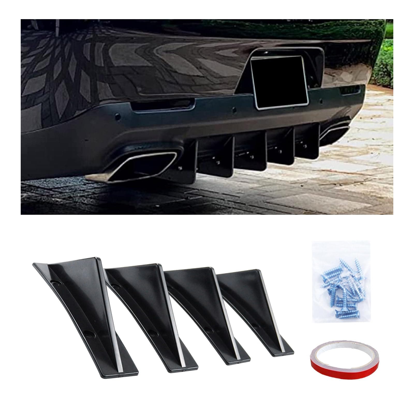 Augeny 4PCS Car Rear Lower Bumper Wing Lip Diffuser, Anti-Crash Curved Shape Auto Shark Fin Spoiler Protector with Screws, Universal Rear Bumper Lip Diffuser Kit for Car SUV Truck (Curved/Black)