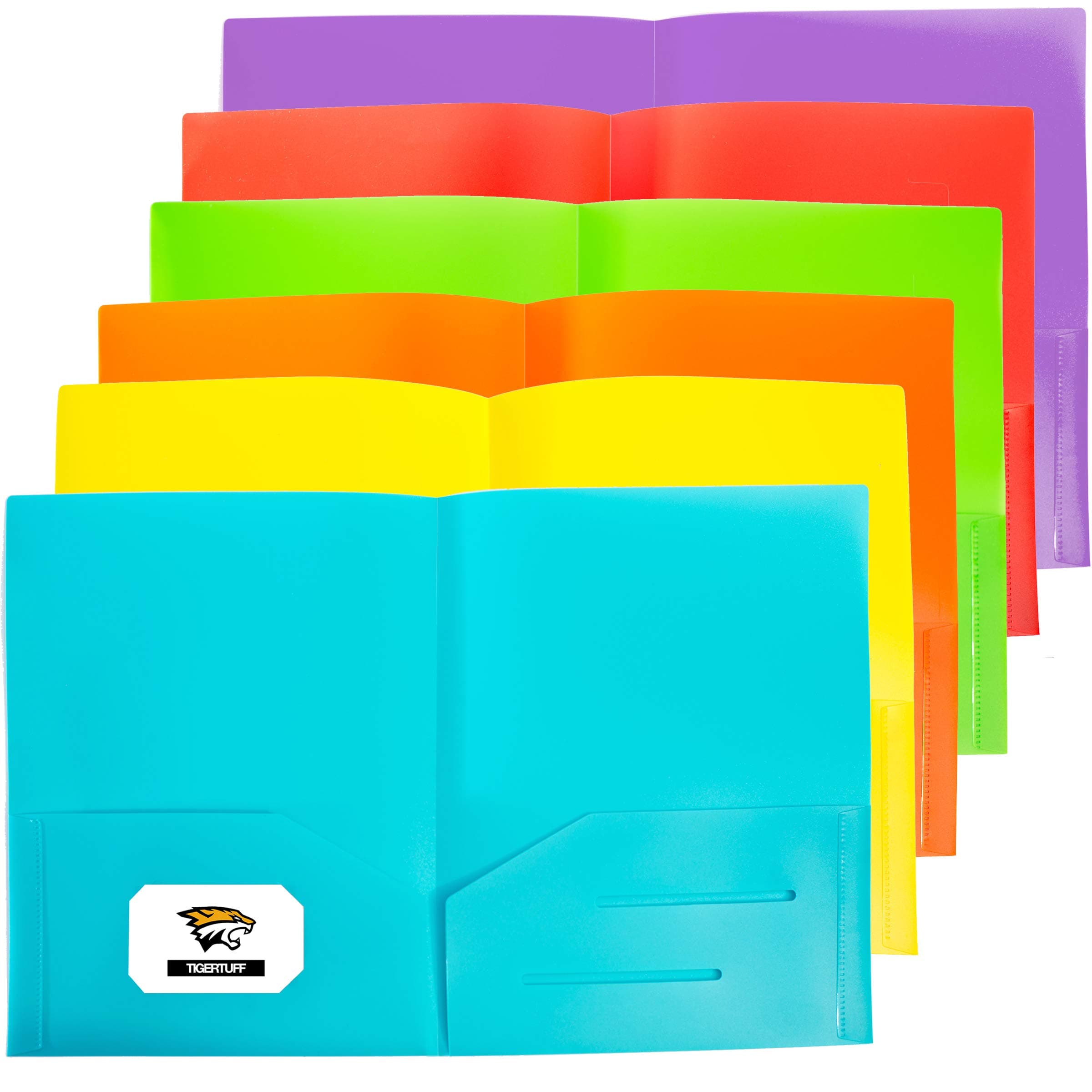 TigerTuff 6 Pack Ultra Heavy Duty Plastic Folders with Two Pockets - Assorted Colors for Work & School - with Business Card Slot Plastic 2 Pocket Folders - Fits Letter & A4 Size