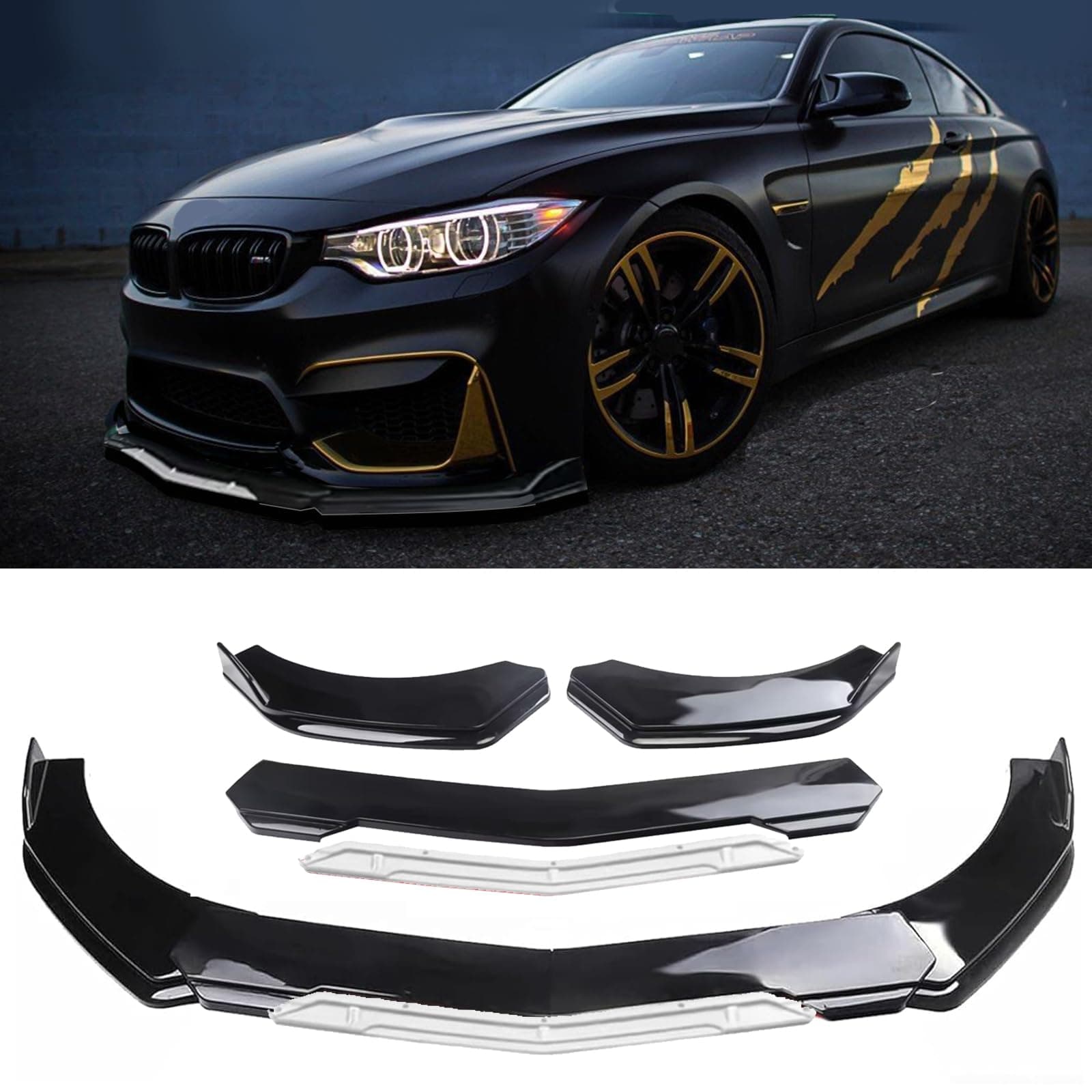 Universal Front Lip for Car,Glossy Black Front Bumper Lip, ABS Adjustable Sharp Corner Front Bumper Lip Splitter Protector Replacement for Most Vehicle (Glossy Black w/White)