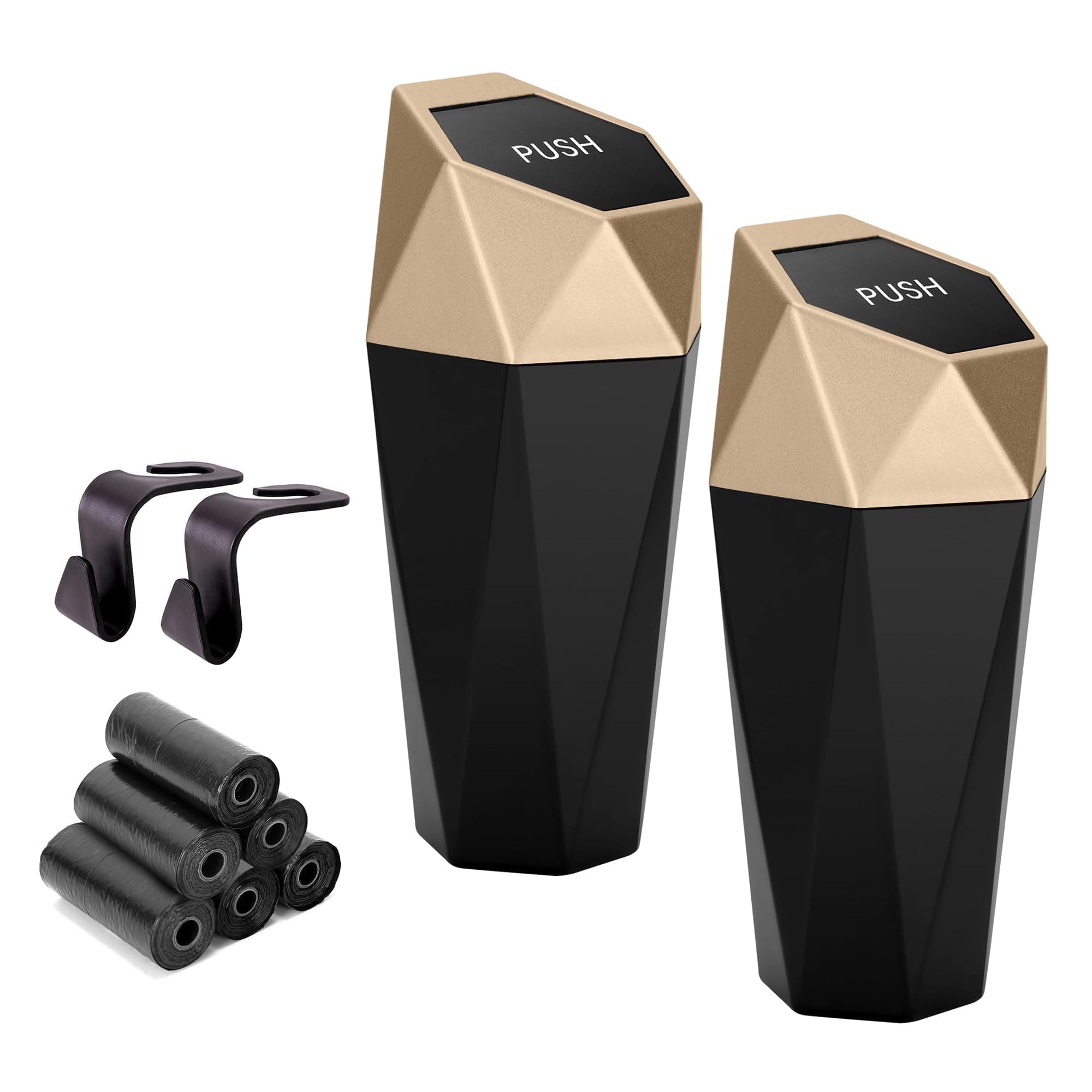 Ginsco Car Trash Can Cup Holder, 2 Pack Mini with Lid, Accessories for Interior, Leakproof Small Car, Home Additional ABS Hooks and 90pcs Bags Golden, Golden-2pc