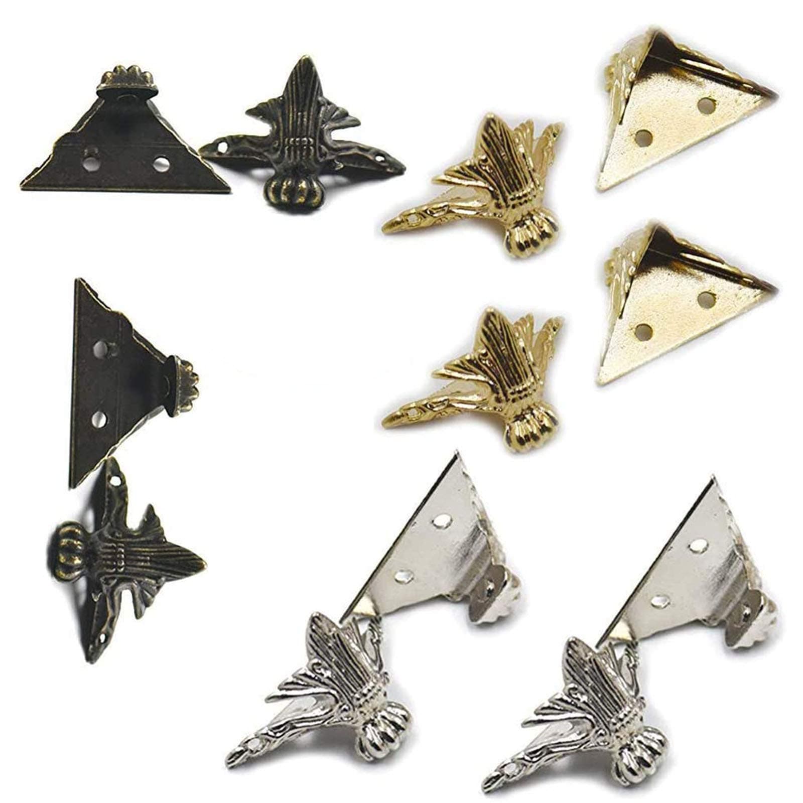 12 Pieces Storage Box Feet Leg Corner Protector (4 x Gold, 4X Silver, 4X Bronze) with Screws for Antique Brass Wood Case Jewelry Chest, Box feet Corner Foot Decoration Ornate