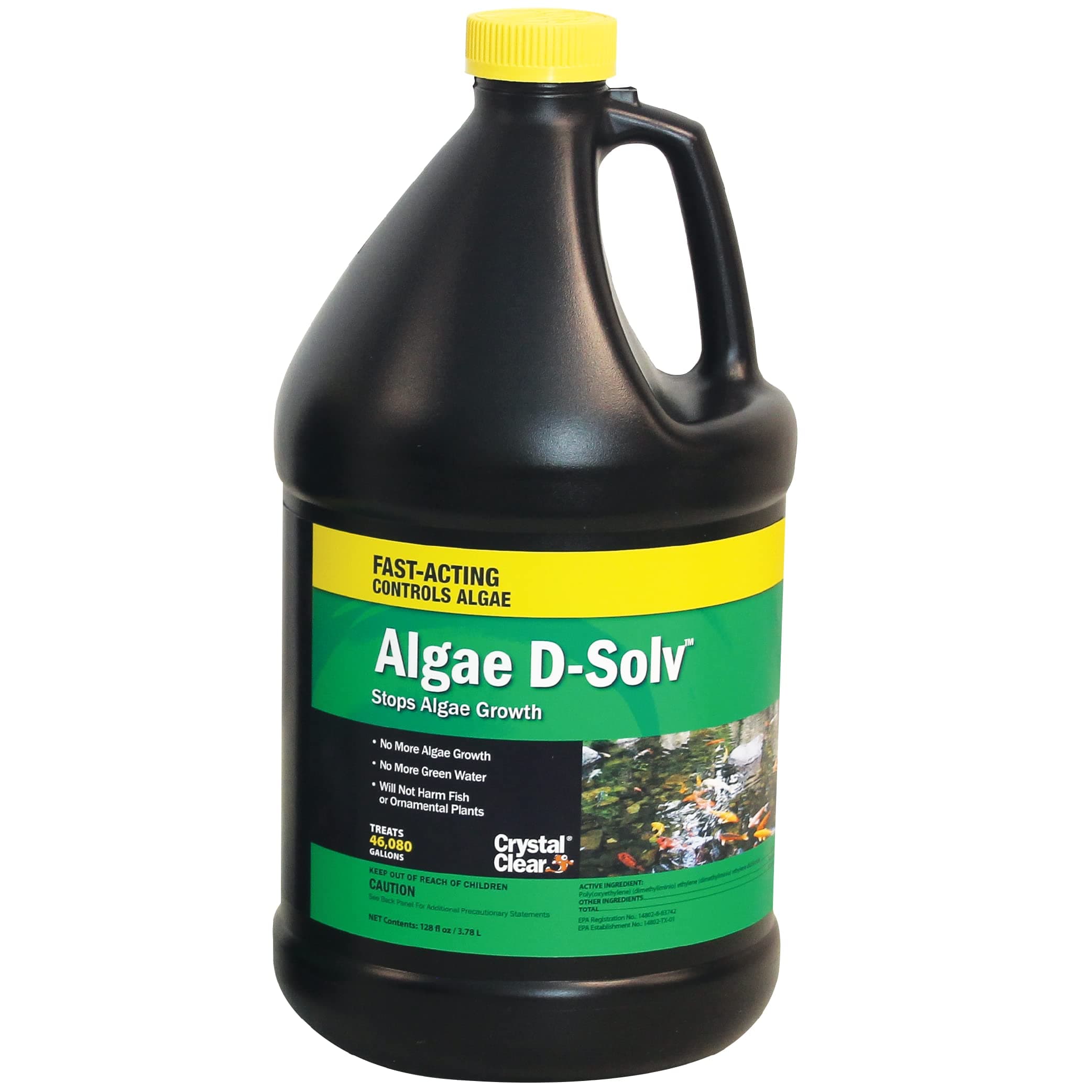 Algae D-Solv Pond Algae Control, Fast-Acting EPA Registered Algaecide, Use in Fountains & Outdoor Ponds Containing Koi & Other Fish, Treats 46,080 Gallons, 1 Gallon