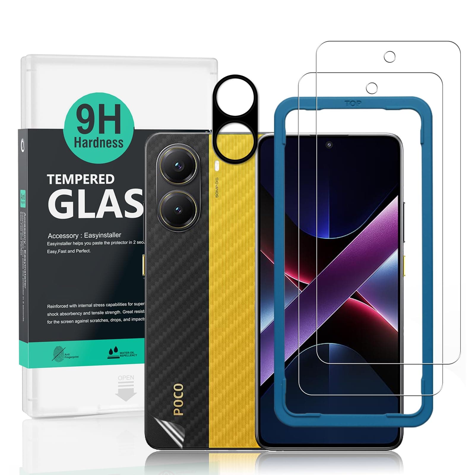 Ibywind 2 Pack Screen Protector For Xiaomi Poco X7 Pro 5G,9H Hardness Tempered Glass,With 1Pc Camera Lens Protector,1Pc Back Carbon Fiber Film,Easy to Install