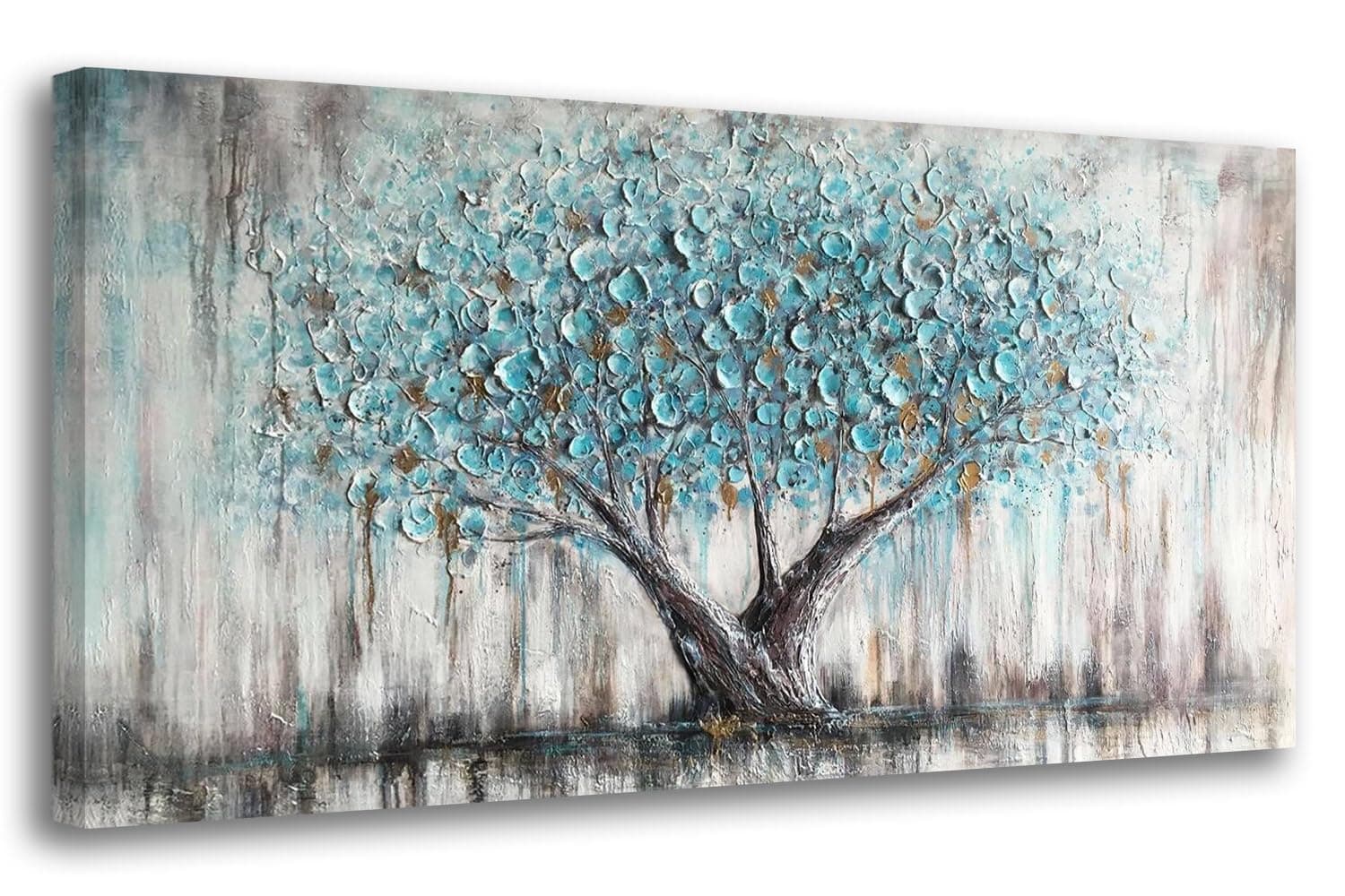 Arjun Tree of Life Wall Art Canvas for Living Room Blue Tree Nature Teal Painting, 50% Hand Painted Textured Picture Bedroom Panoramic Landscape Artwork Framed Home Office Decor 40"x20"